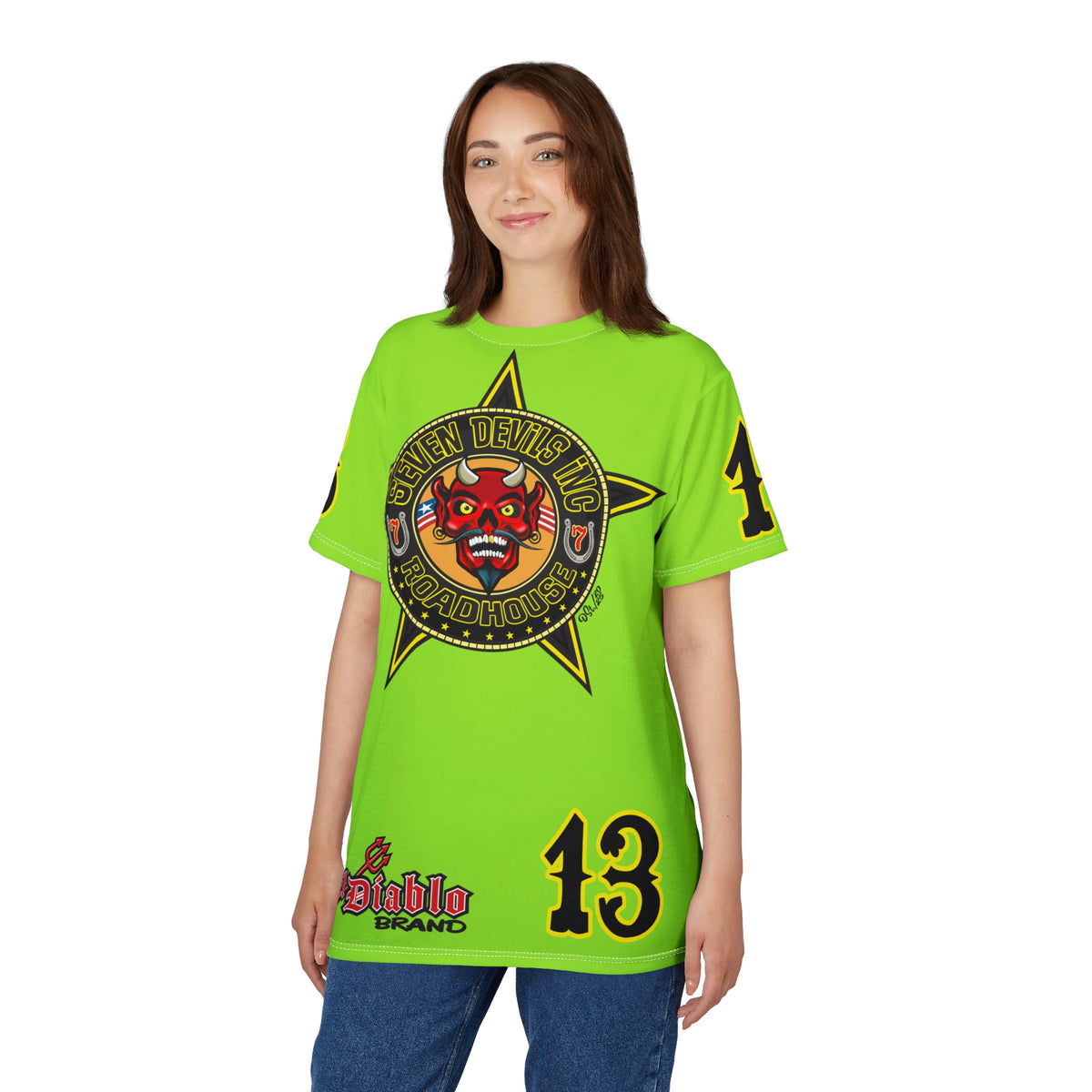 Very Special Seven Devils Inc. Roadhouse HiViZ Super Tee — Extreme Edgy Graphics - Bad Attitude Custom Biker Riding Gear