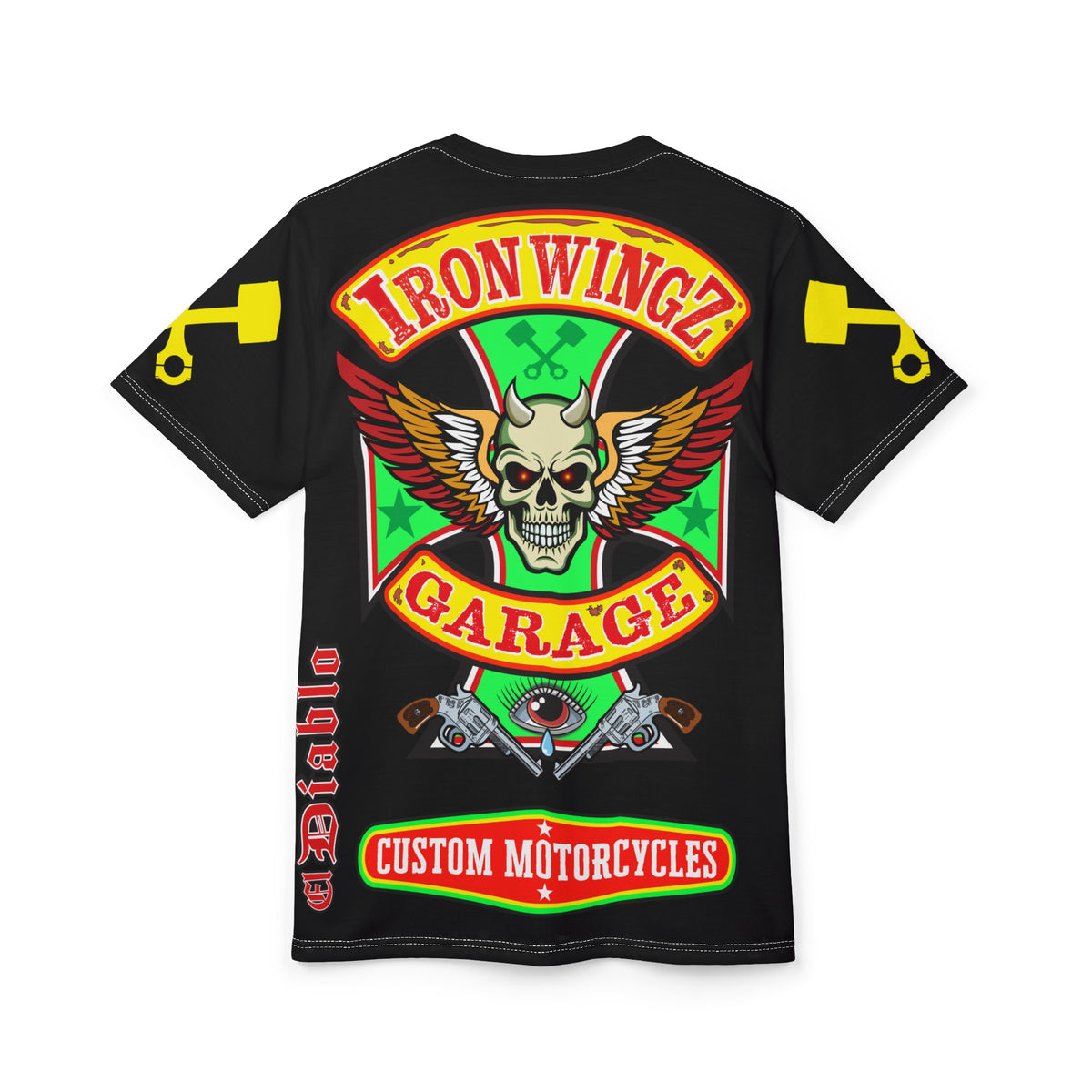 Iron Wingz Garage HiViz Tee, Vuntage Graphic Logo, Rockabilly Style Shirt for Bikers