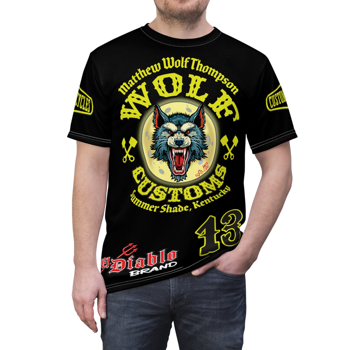 MWT Wolf Customs 13 Black with HiViZ Lumina Graphics -- Super Riding Tee — Retro Motorcycle Club Shirt, The Best Biker Riding Tee EVER !!!