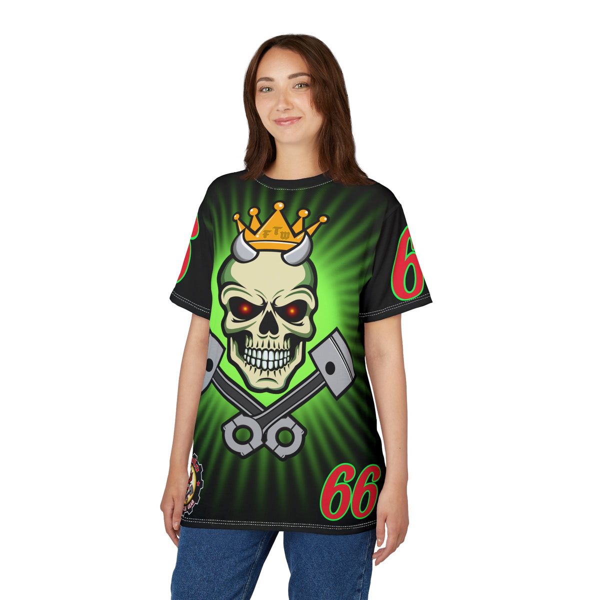 Speed Demon Night Rider with Lumina Green HiViZ Star Burst F& Back - Super Tee - Edgy Racing Skull Design