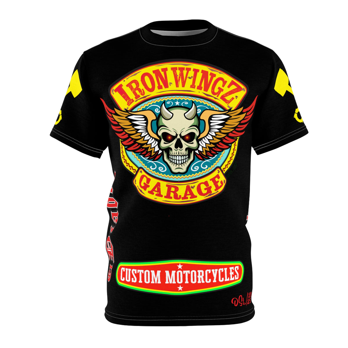 Iron Wingz Garage HiViz Tee, Vuntage Graphic Logo, Rockabilly Style Shirt for Bikers
