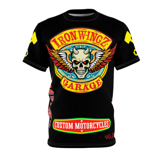 Iron Wingz Garage HiViz Tee, Vuntage Graphic Logo, Rockabilly Style Shirt for Bikers