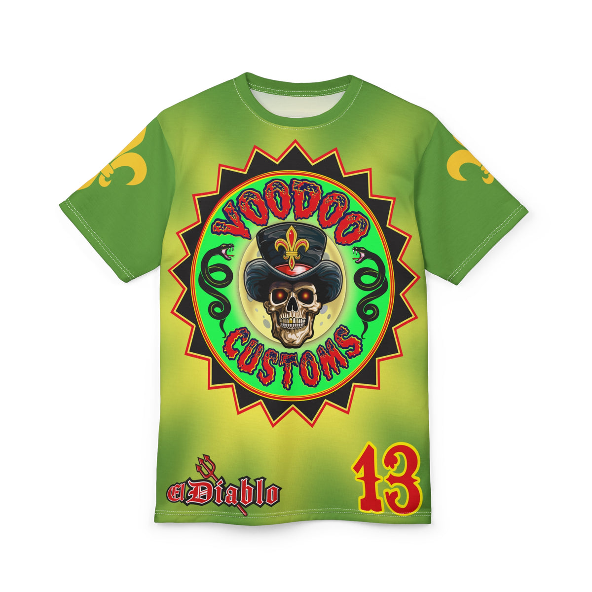 Voodoo Custom Motorcycles Unisex Tee - Edgy Tie Dye Skull Design for Bikers