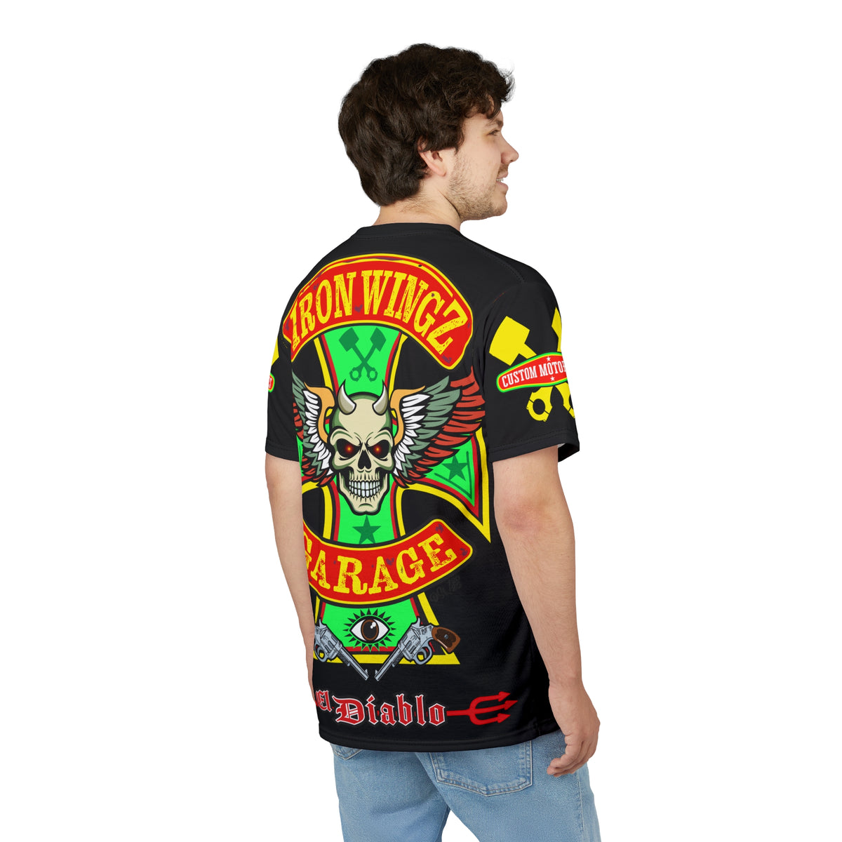 Iron Wingz Garage HiViz Tee, Vintage Graphic Logo, Rockabilly Style Shirt for Bikers