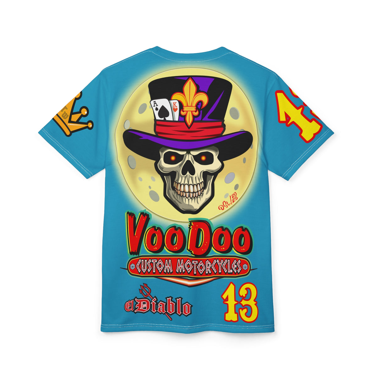 VooDoo Custom Motorcycles Electric Blue HiViz Graphics Biker Tee