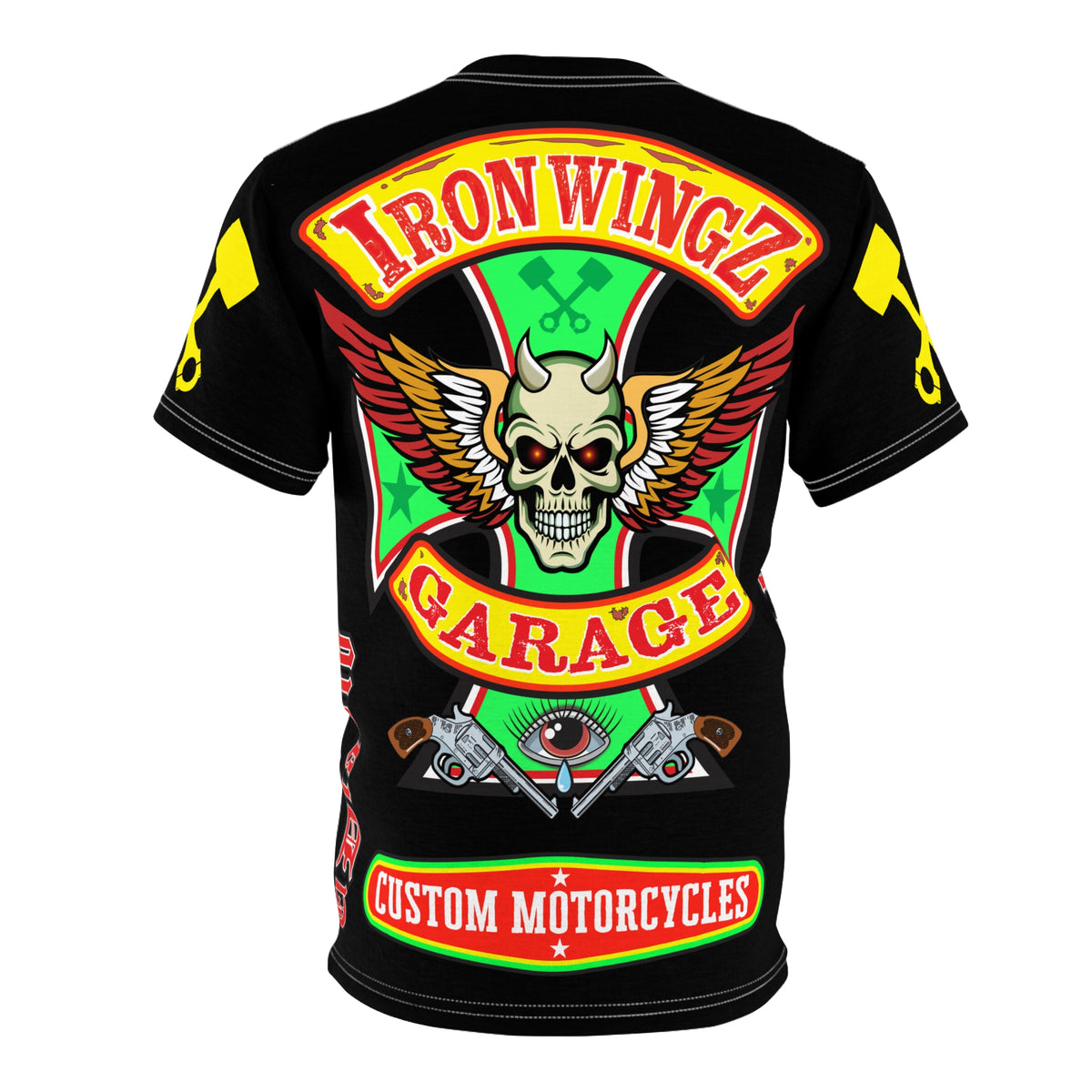 Iron Wingz Garage HiViz Tee, Vuntage Graphic Logo, Rockabilly Style Shirt for Bikers