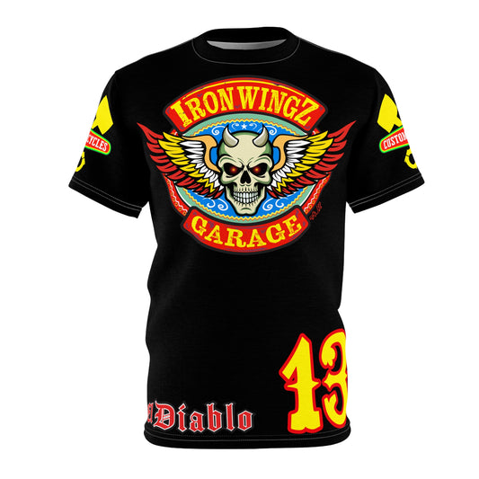 Iron Wingz Garage HiViz Tee, Vintage Graphic Logo, Rockabilly Style Shirt for Bikers
