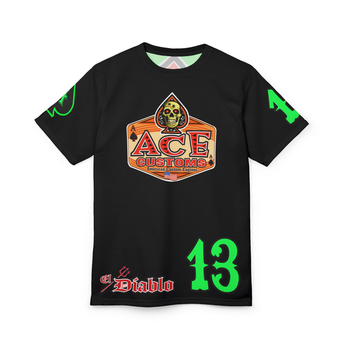 American Custom Engines ACE - Super HiViz Ace of Spades Lumina Green Back  EXTRA LARGE HiViz  Graphics