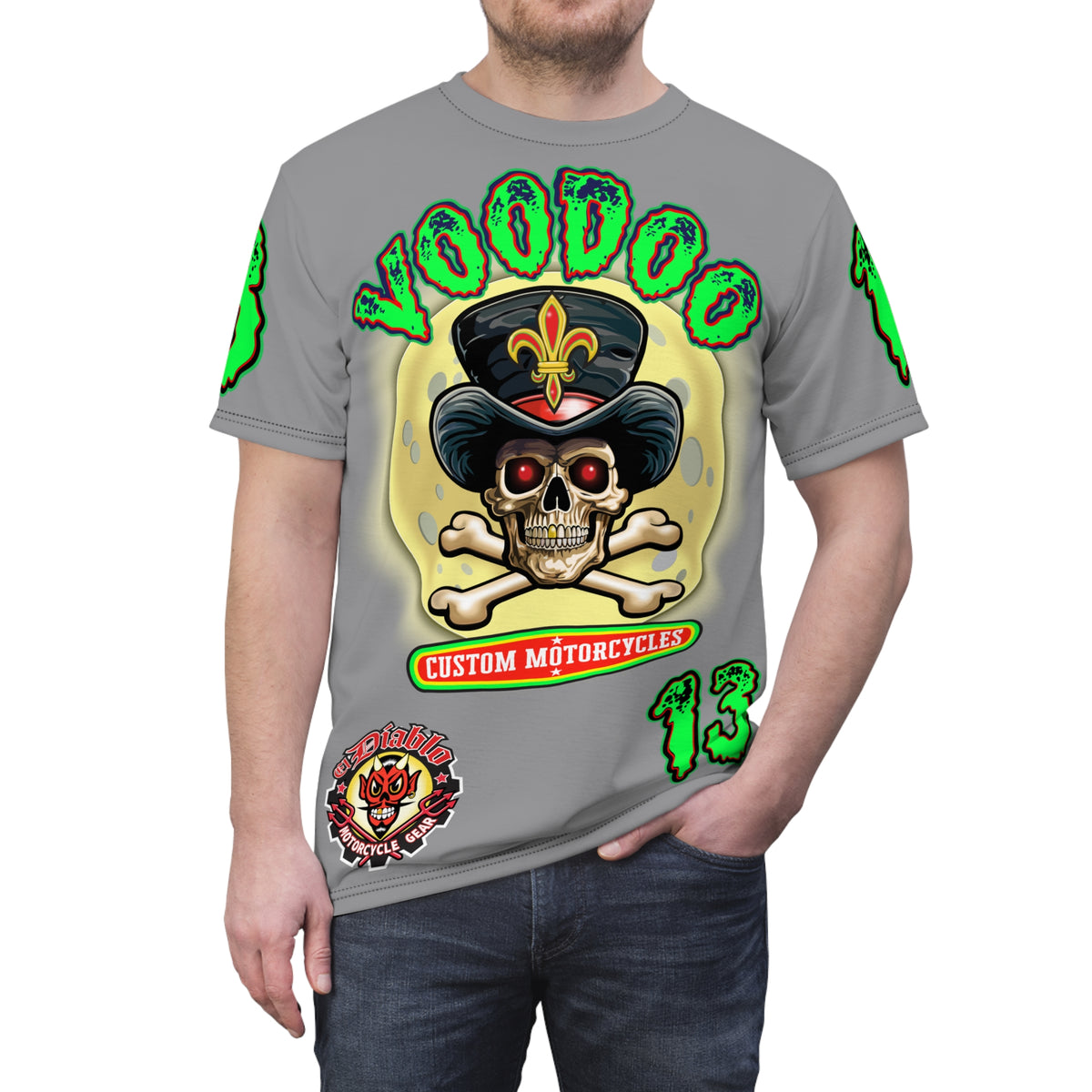 Voodoo Lucky 13 Motorcycles HiViz Grey Ghost Super Tee, Unique Graphic Tee, Custom Riding Apparel