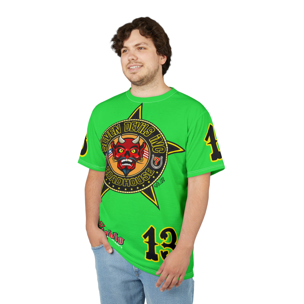 Very Special Seven Devils Inc. Roadhouse HiViZ Super Tee — Extreme Edgy Graphics - Bad Attitude Custom Biker Riding Gear