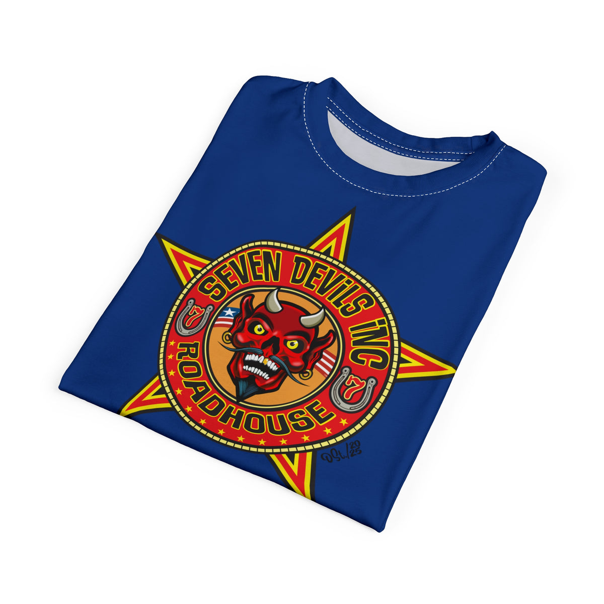 Seven Devils Inc. Roadhouse Electric Blue HiViz Design Super Tee, Edgy Biker Shirt, Special Motorcycle Riding Gear, Seven Devils Inc.
