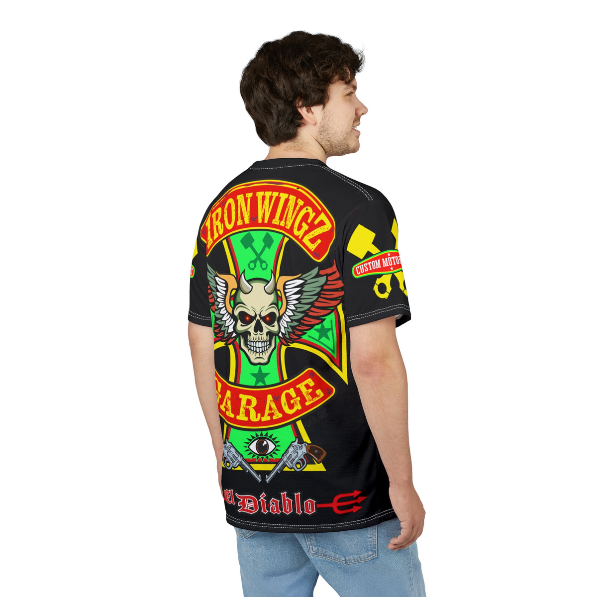 Iron Wingz Garage HiViz Tee, Vintage Graphic Logo, Rockabilly Style Shirt for Bikers