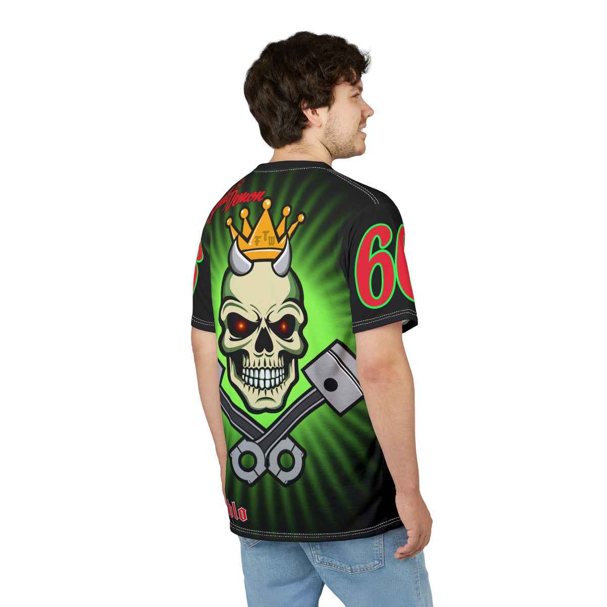 Speed Demon Night Rider with Lumina Green HiViZ Star Burst F& Back - Super Tee - Edgy Racing Skull Design