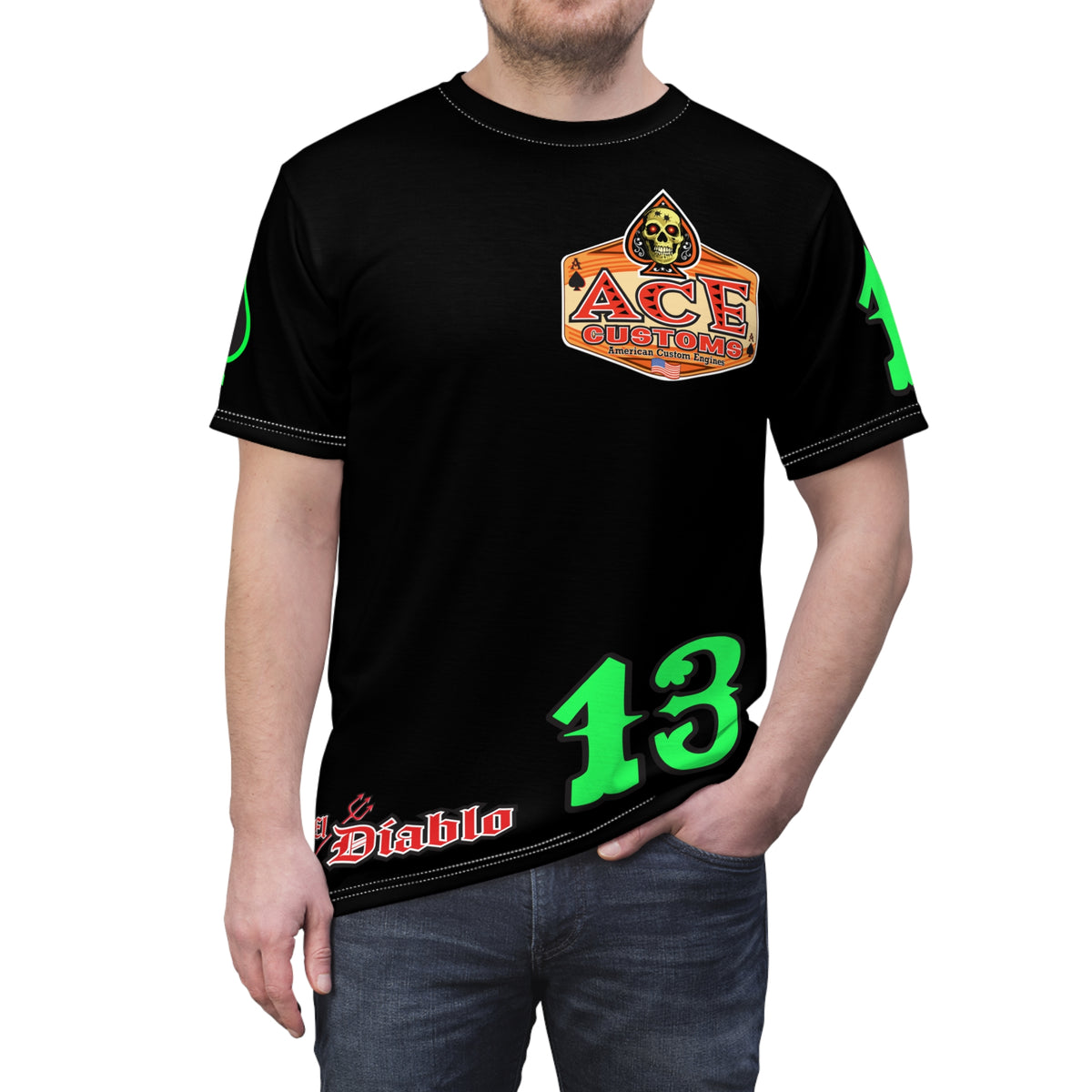 American Custom Engines ACE - HiViz Custom Riding Tee - Features Full Back Lumina Green Ace of Spades