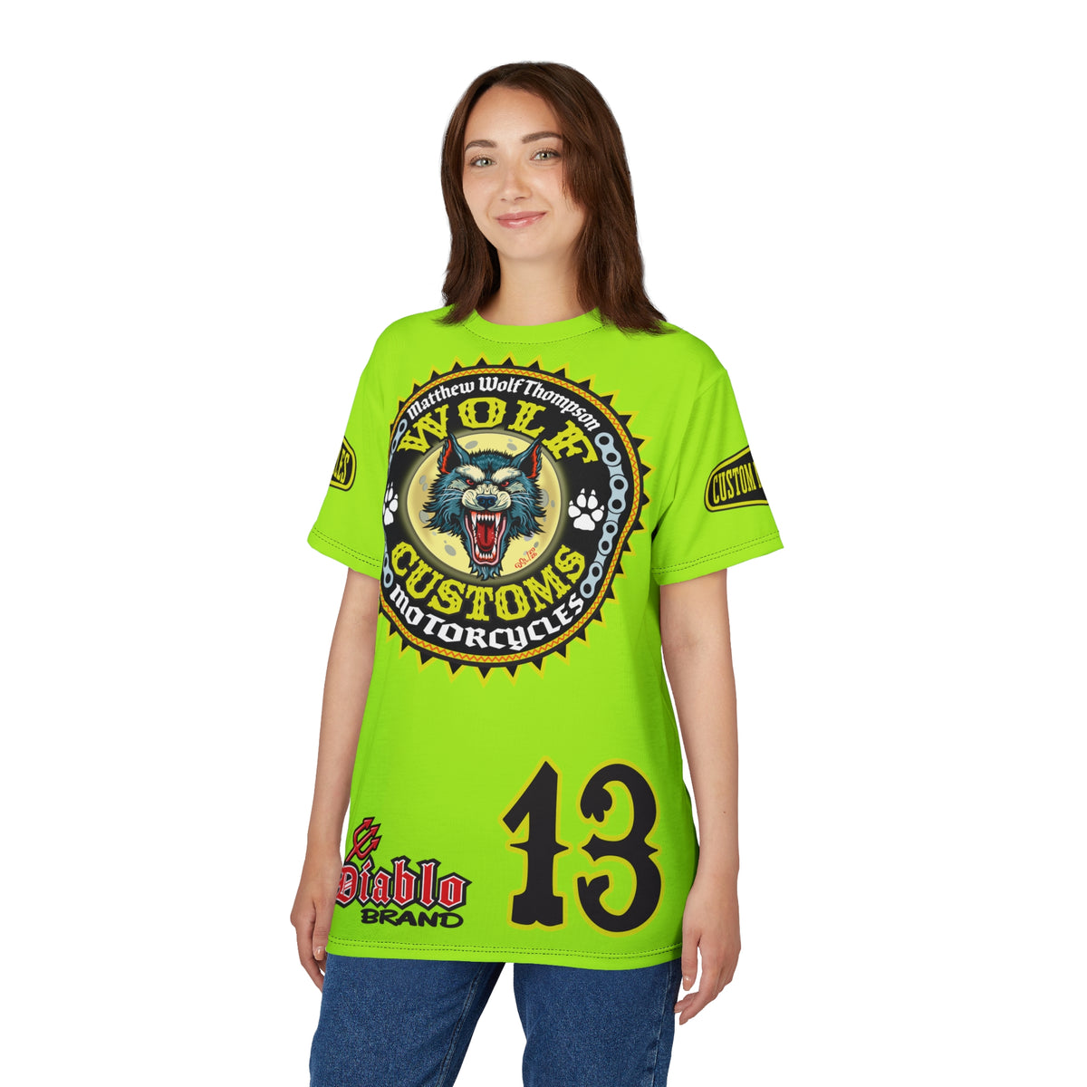 VERY SPECIAL MWT Wolf Customs Lumina Green XL HiViZ Graphics Super Tee —  The Best Biker Riding Tee EVER !!!