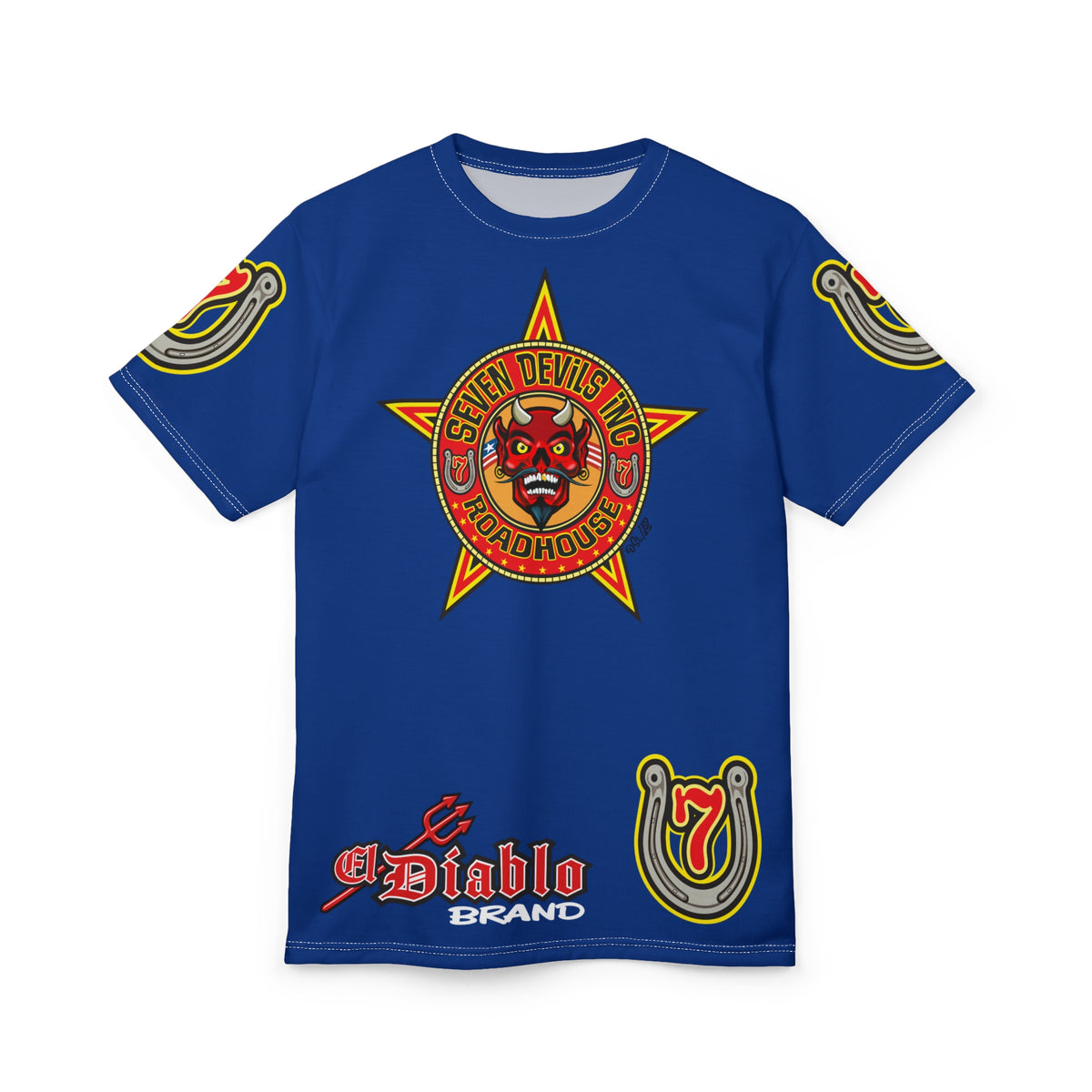 Seven Devils Inc. Roadhouse Electric Blue HiViz Design Super Tee, Edgy Biker Shirt, Special Motorcycle Riding Gear, Seven Devils Inc.
