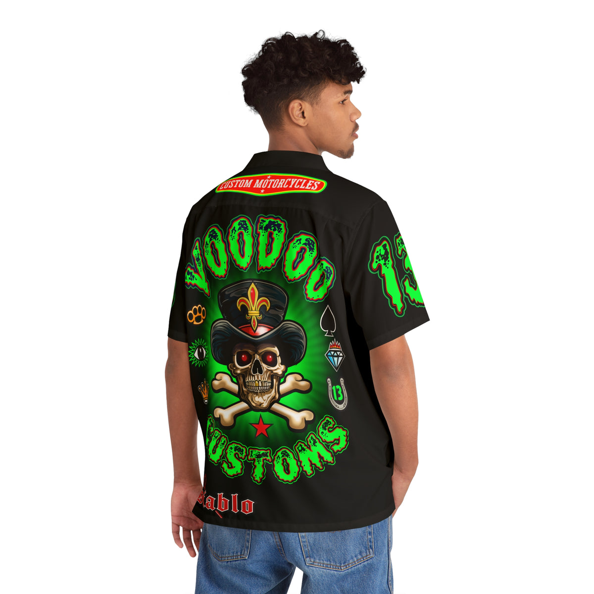 Big Bopper Voodoo Motorcycles HiViz Men's Hawaiian Shirt, Summer Biker Shirt, Motorcycle Apparel, Sizes to 5XL