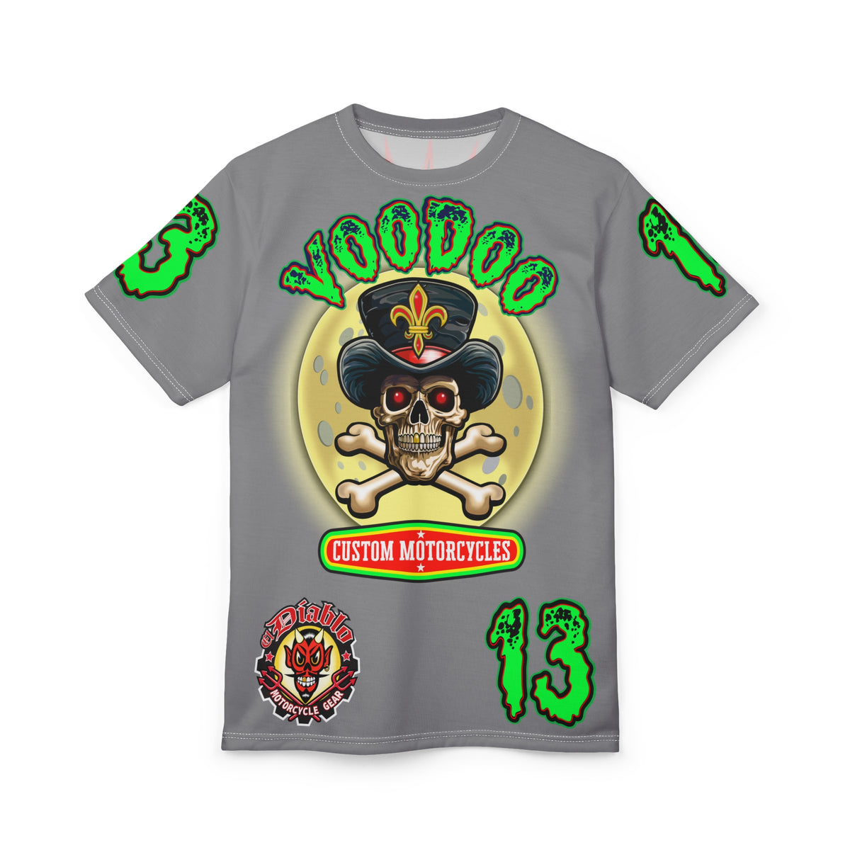 Voodoo Lucky 13 Motorcycles HiViz Grey Ghost Super Tee, Unique Graphic Tee, Custom Riding Apparel