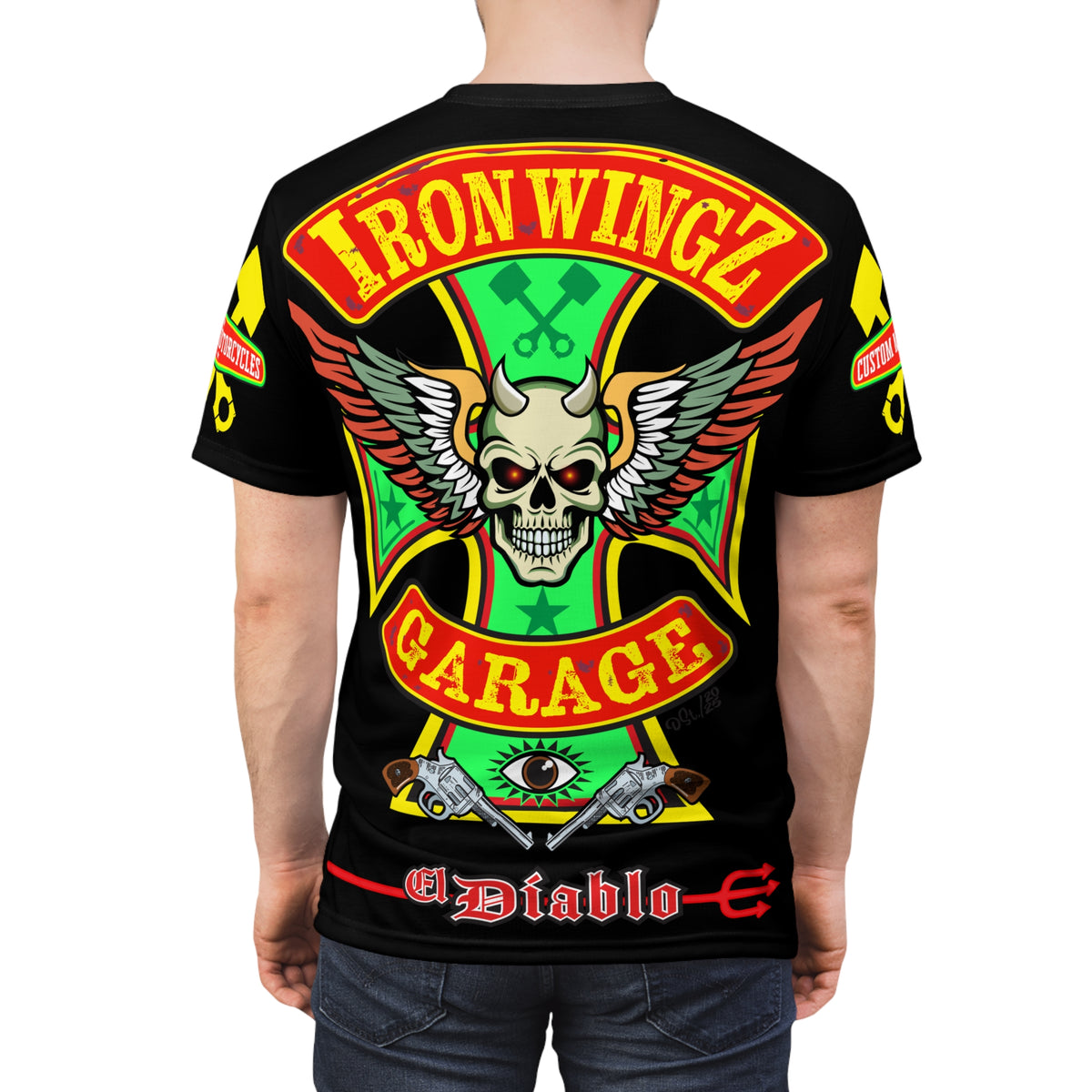 Iron Wingz Garage HiViz Tee, Vintage Graphic Logo, Rockabilly Style Shirt for Bikers