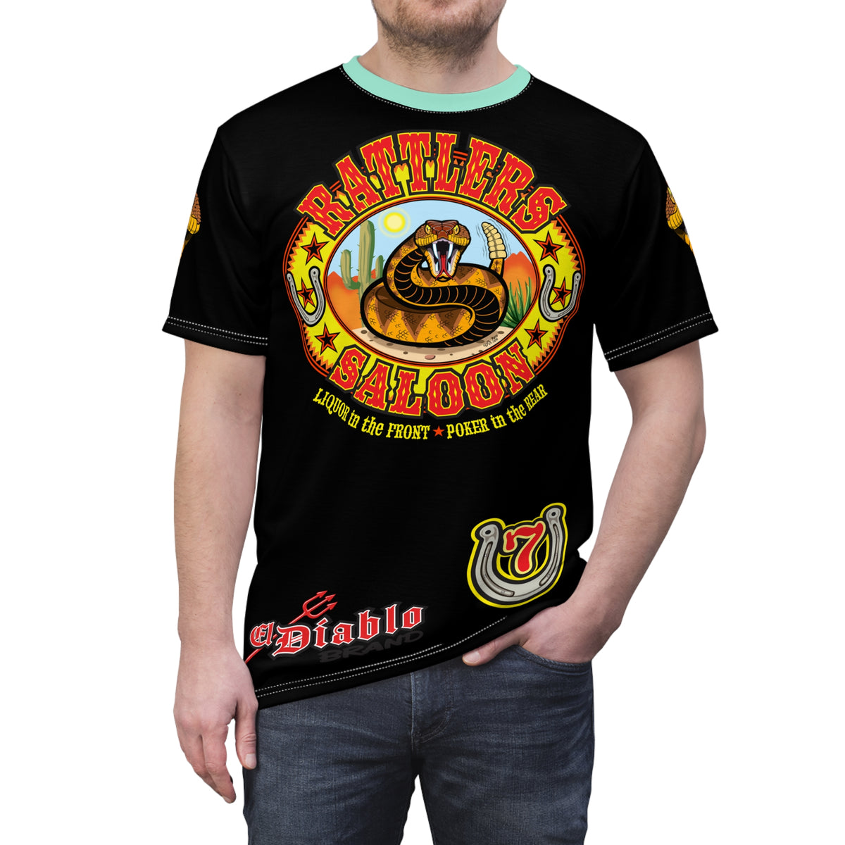 Rattlers Saloon  BADAZZ BLACK SUPER RIDING TEE — Vintage Biker LUCKY 7 Graphic Shirt