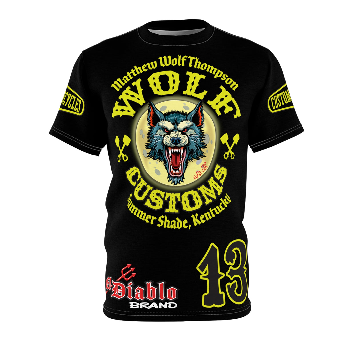 MWT Wolf Customs 13 Black with HiViZ Lumina Graphics -- Super Tee — Retro Motorcycle Club Shirt, The Best Biker Riding Tee EVER !!!