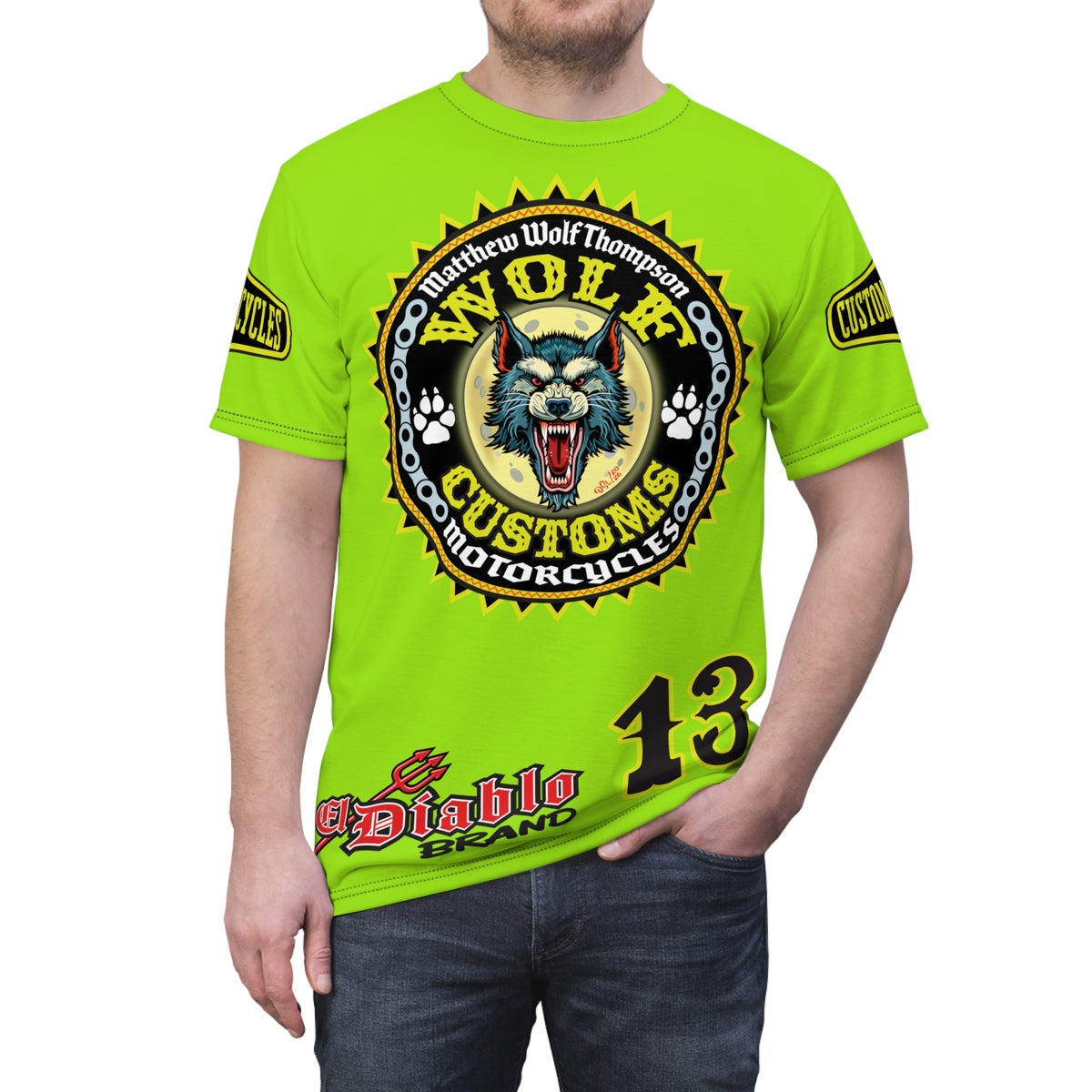 VERY SPECIAL MWT Wolf Customs HiViZ Lumina Green with XL Graphics Super Tee —  The Best Biker Riding Tee EVER !!!