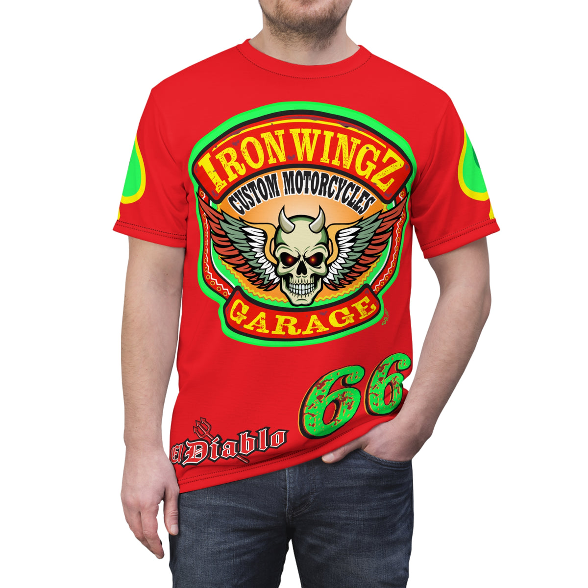 Iron Wingz Custom Motorcycle Skull Super Tee - Badazz Harley Riding HiViz Tee