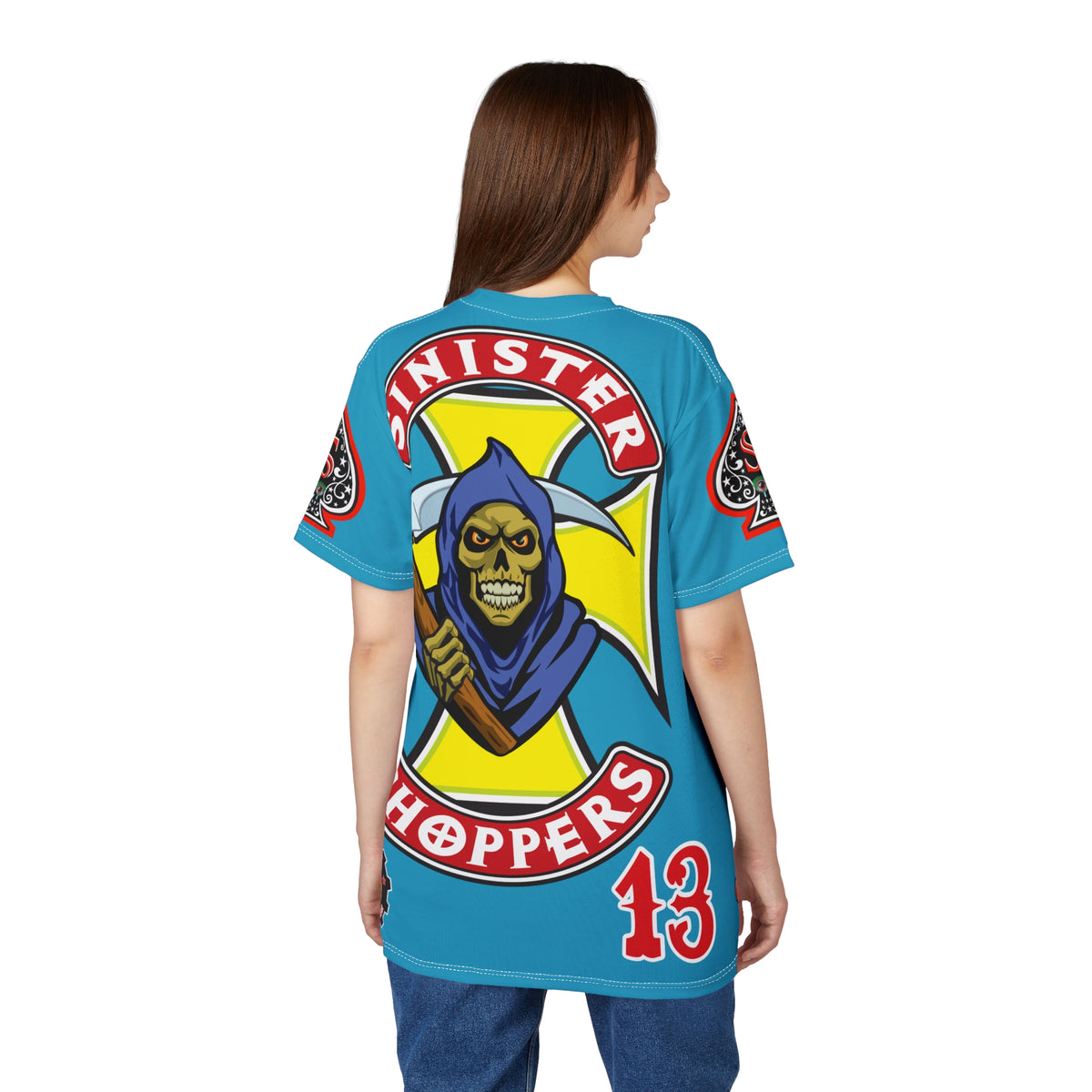 Sinister Choppers HiViz Custom Motorcycles- Electric Blue Reaper Super Tee - High Performance Riding Wear