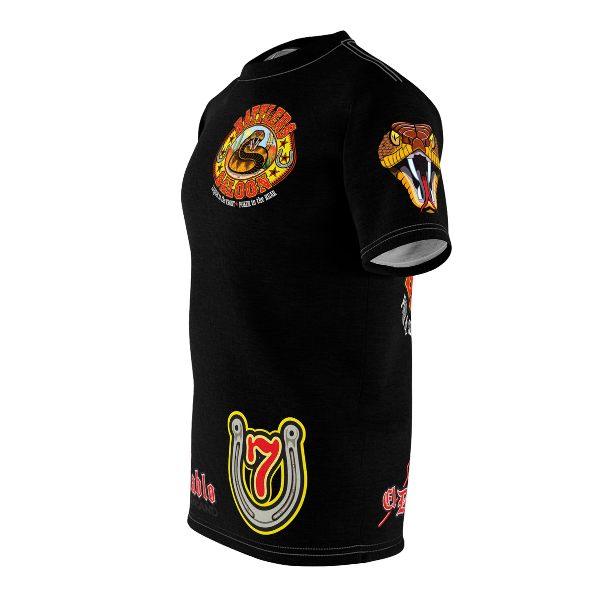 SRT Rattlers Saloon  BADAZZ BLACK SUPER RIDING TEE — Vintage Biker Lucky 7 Graphic Shirt