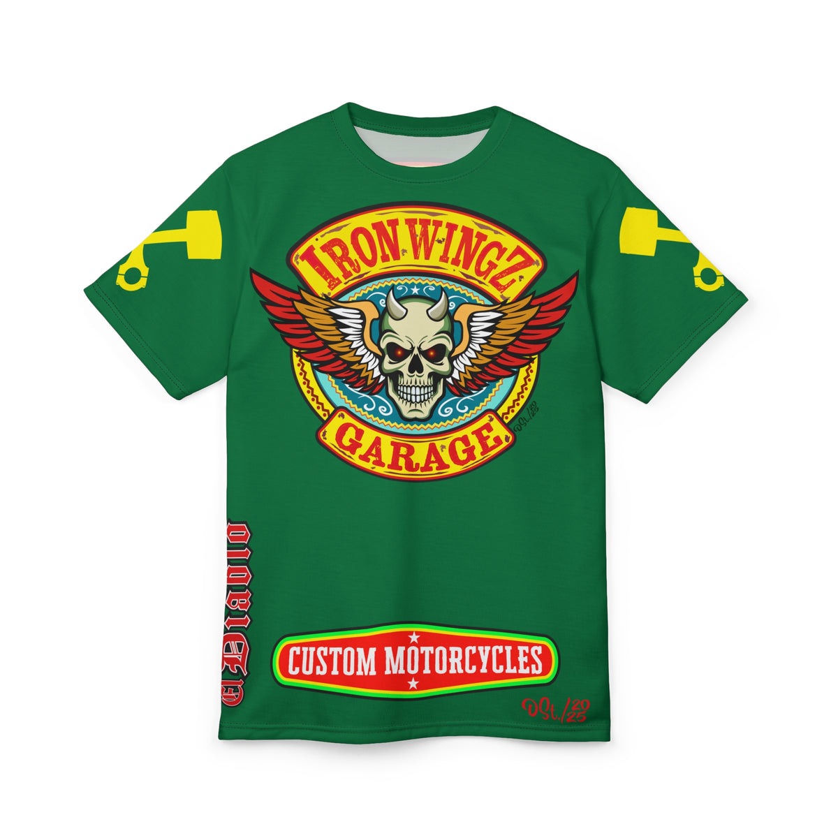 Iron Wingz Garage HiViz Tee, Vuntage Graphic Logo, Rockabilly Style Shirt for Bikers