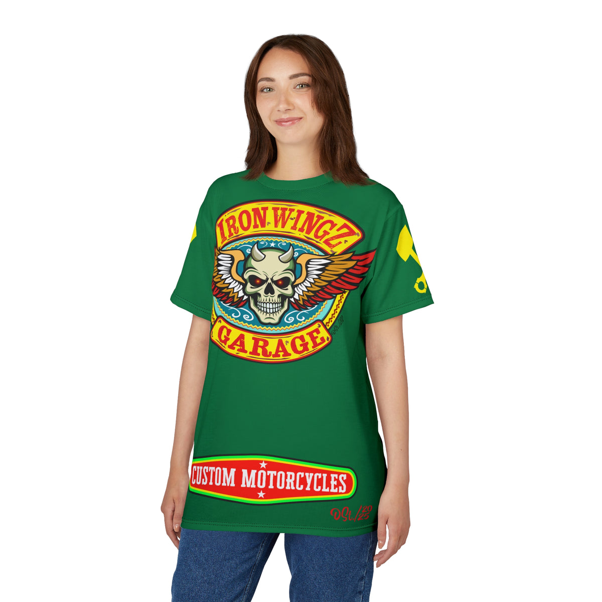 Iron Wingz Garage HiViz Tee, Vuntage Graphic Logo, Rockabilly Style Shirt for Bikers