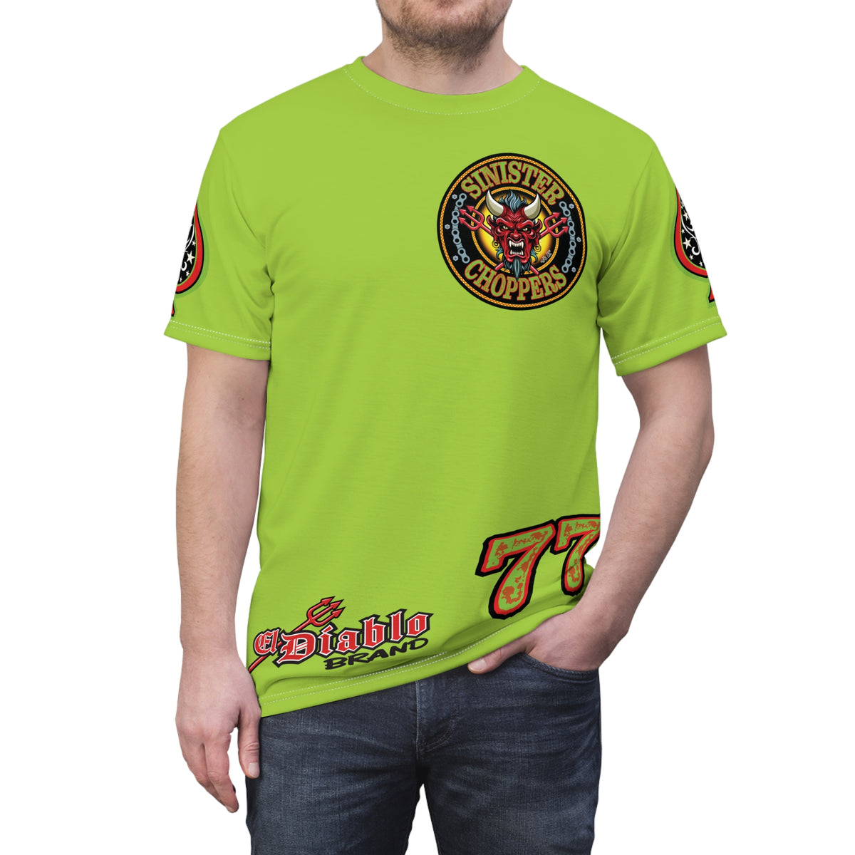 SRT Sinister Choppers HIVIZ GREEN SPECIAL SUPER RIDING TEE— Ride Cool, Look Cool in our Best Super Tee