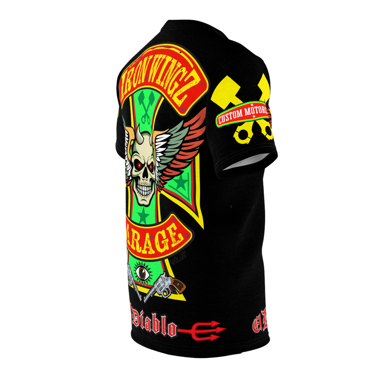 Iron Wingz Garage HiViz Tee, Vintage Graphic Logo, Rockabilly Style Shirt for Bikers