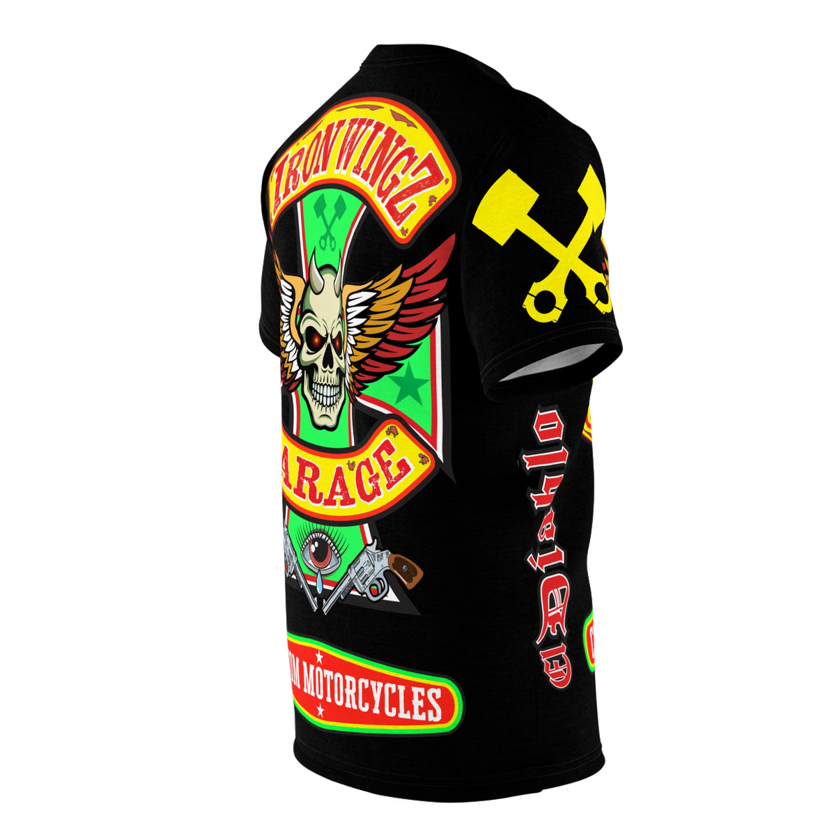 Iron Wingz Garage HiViz Tee, Vuntage Graphic Logo, Rockabilly Style Shirt for Bikers