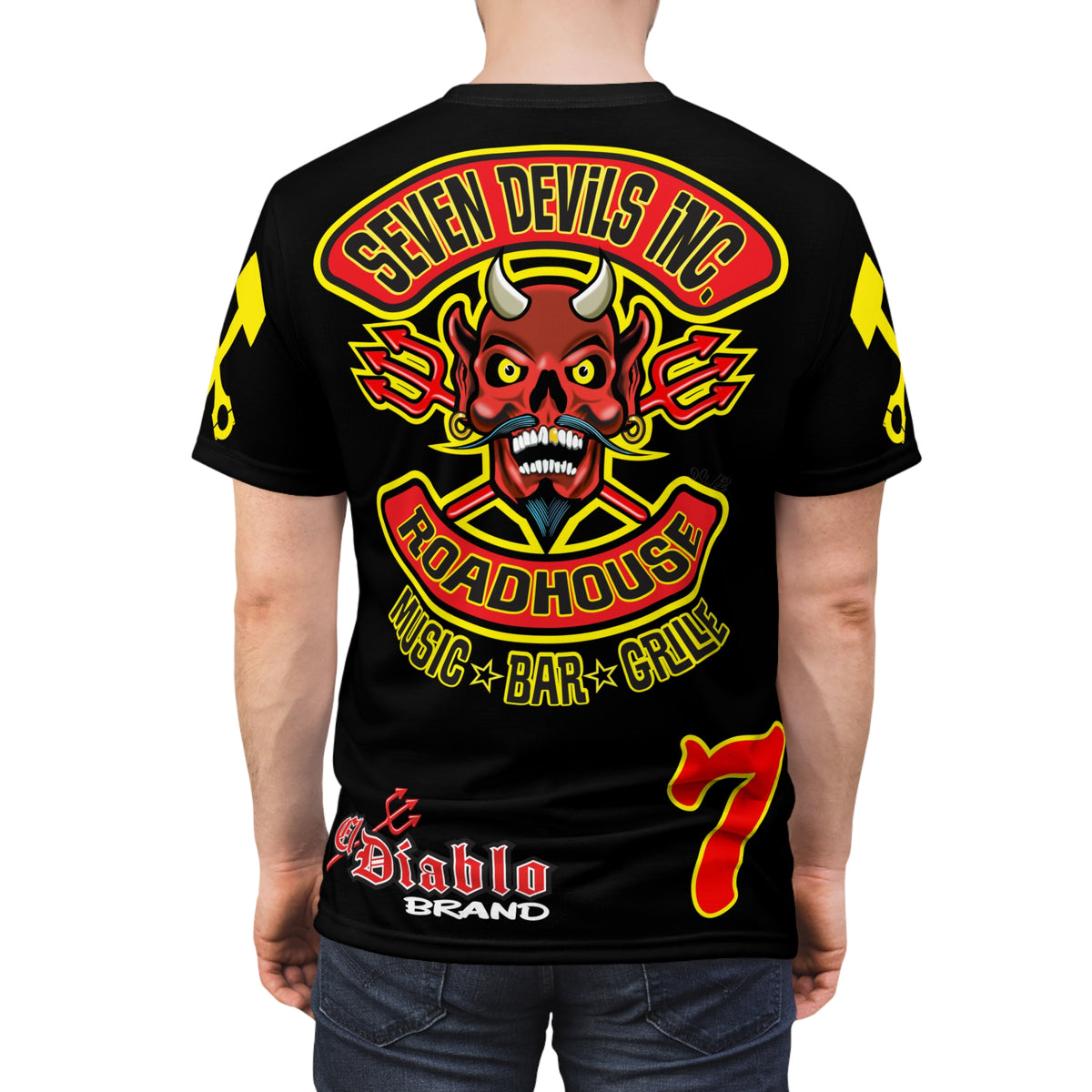 SRT Seven Devils RoadHouse Custom Biker Riding Super Tee - Retro Devil Western Style Graphic Style