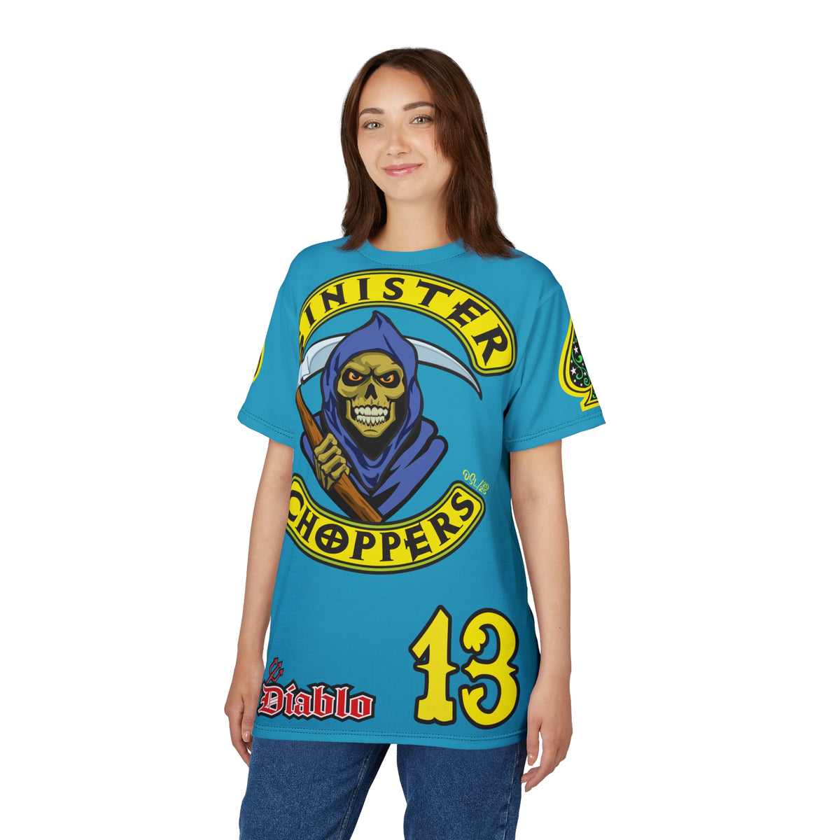Sinister Choppers Customs - Electric Blue HiViZ Motorcycle Reaper Super Tee - High Performance Riding Wear