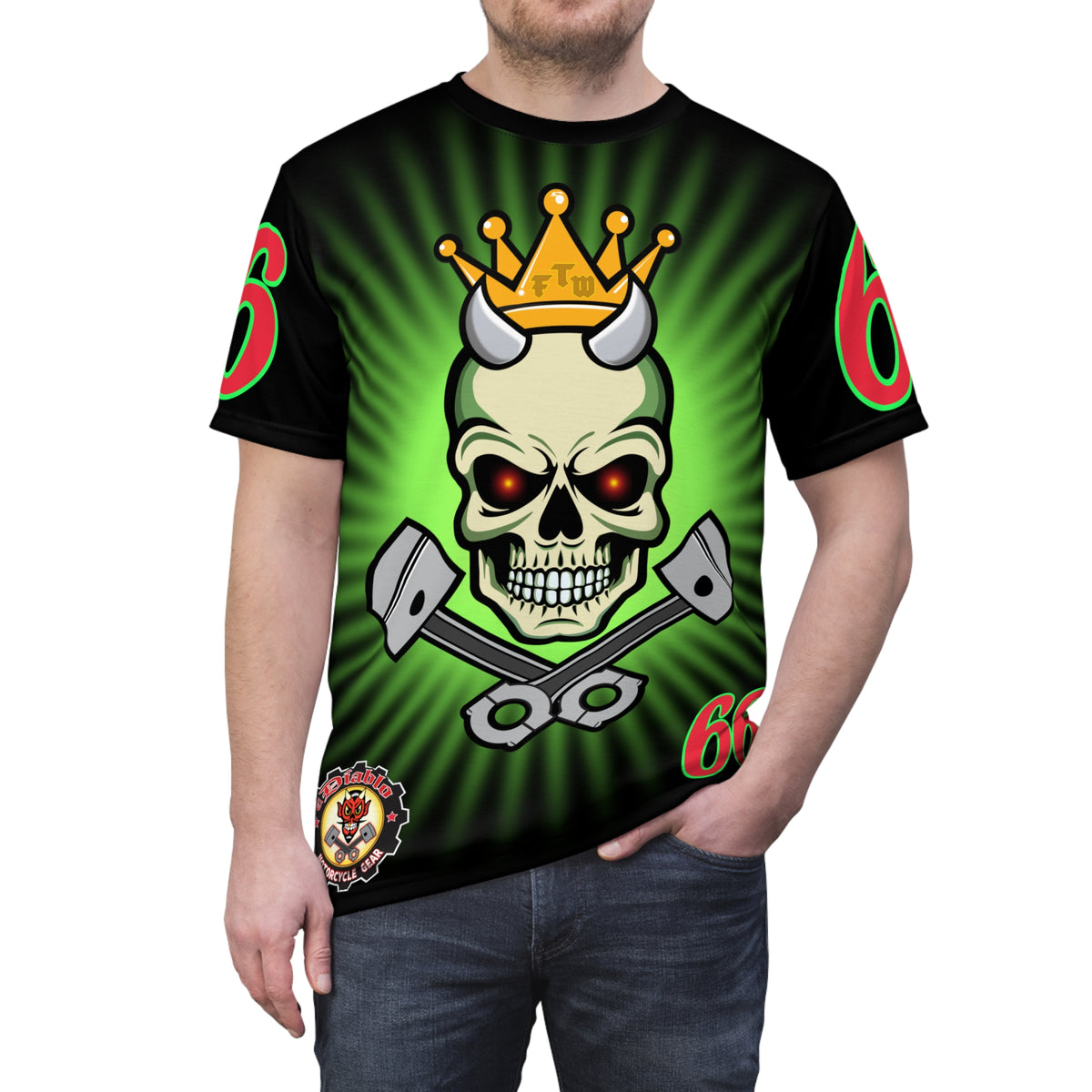 Speed Demon Night Rider with Lumina Green HiViZ Star Burst F& Back - Super Tee - Edgy Racing Skull Design
