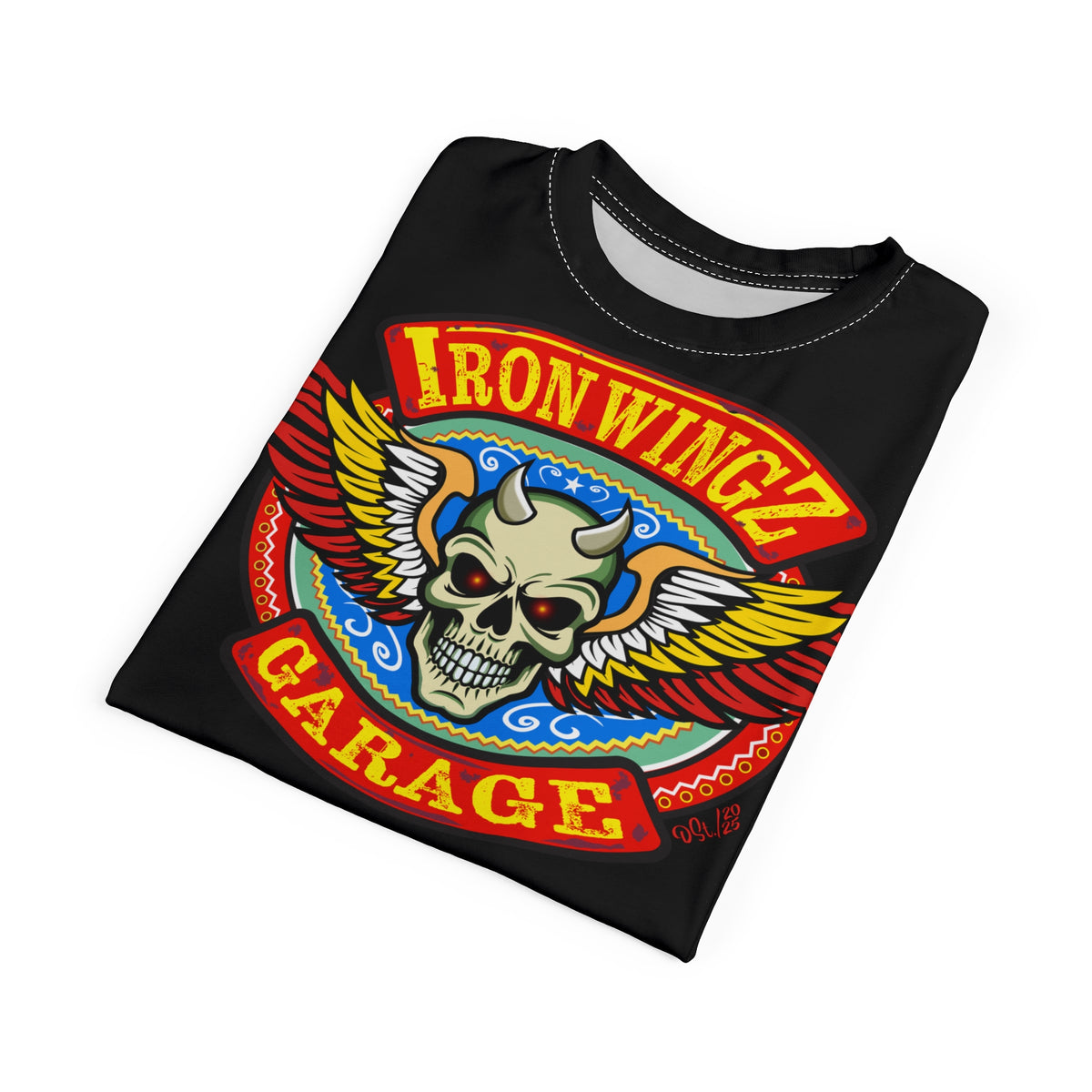 Iron Wingz Garage HiViz Tee, Vintage Graphic Logo, Rockabilly Style Shirt for Bikers