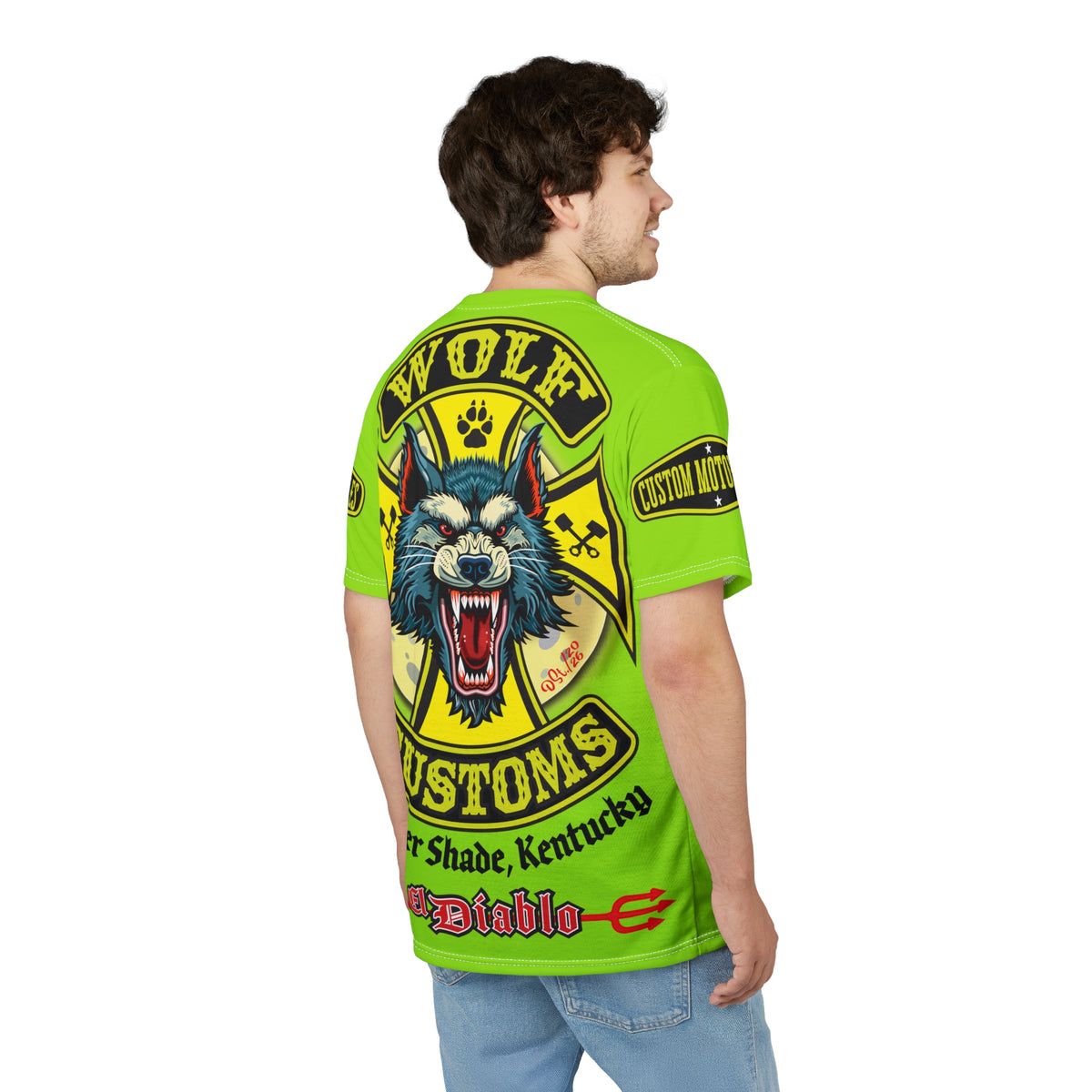 VERY SPECIAL MWT Wolf Customs HiViZ Lumina Green with XL Graphics Super Tee —  The Best Biker Riding Tee EVER !!!