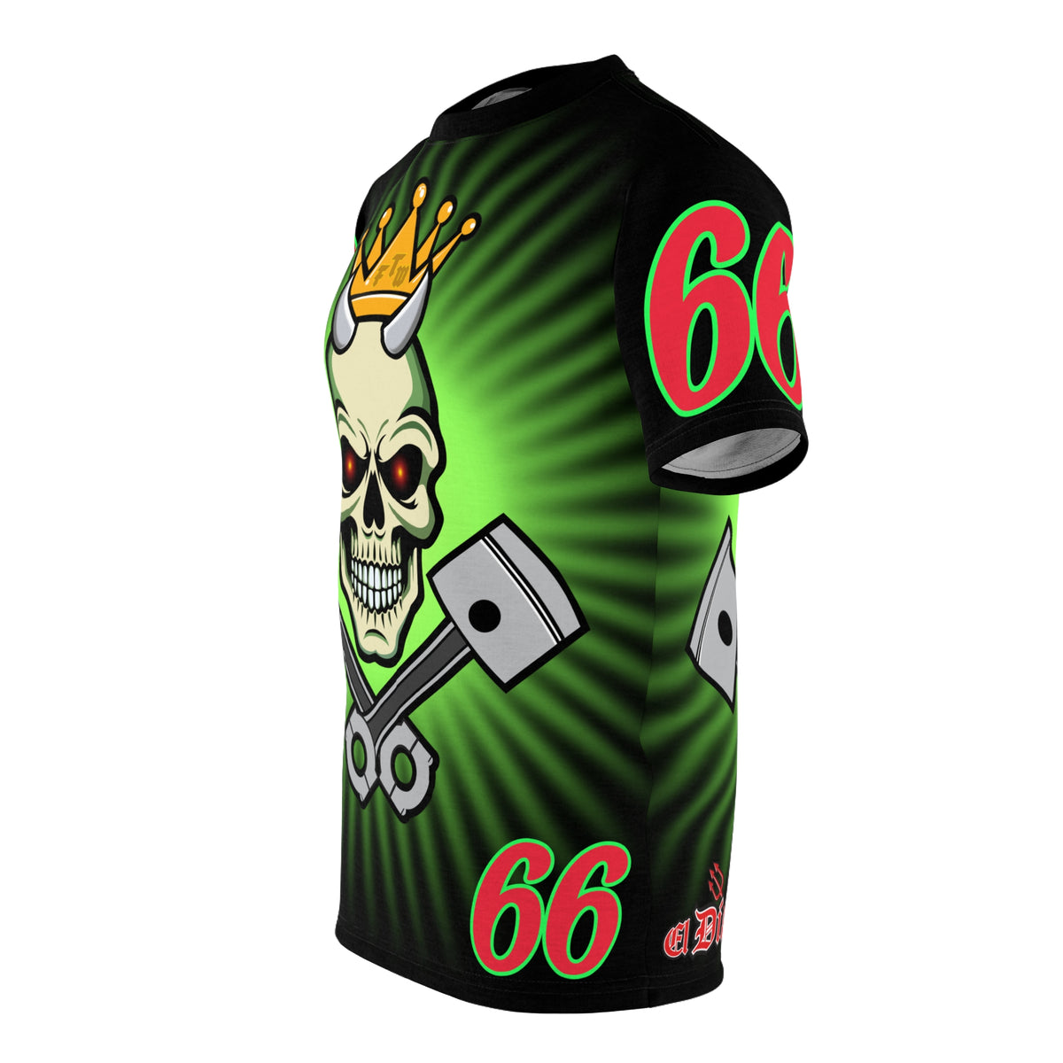 Speed Demon Night Rider with Lumina Green HiViZ Star Burst F& Back - Super Tee - Edgy Racing Skull Design