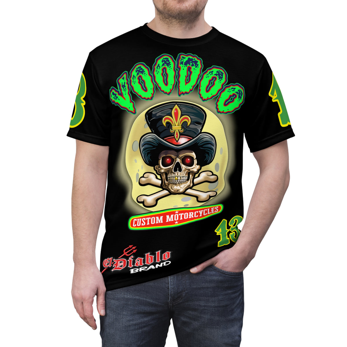 Voodoo Skull Motorcycle HiViz Super Tee, Unique High Colour Graphics Tee, Custom HiViZ Apparel