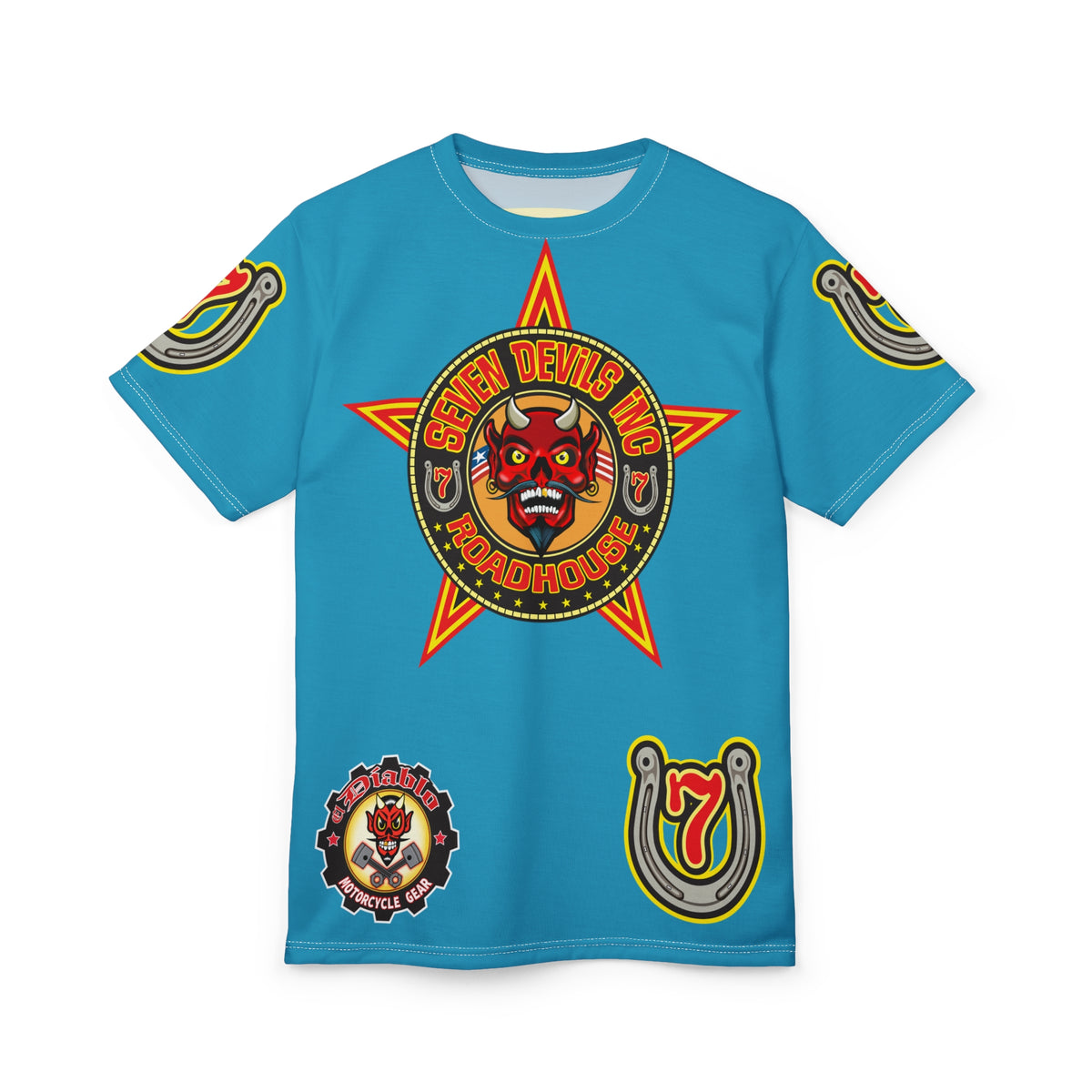 Seven Devils Inc. Roadhouse Electric Blue Hiviz  Design, Edgy Biker Shirt, Special Motorcycle Riding Gear, Seven Devils Inc.