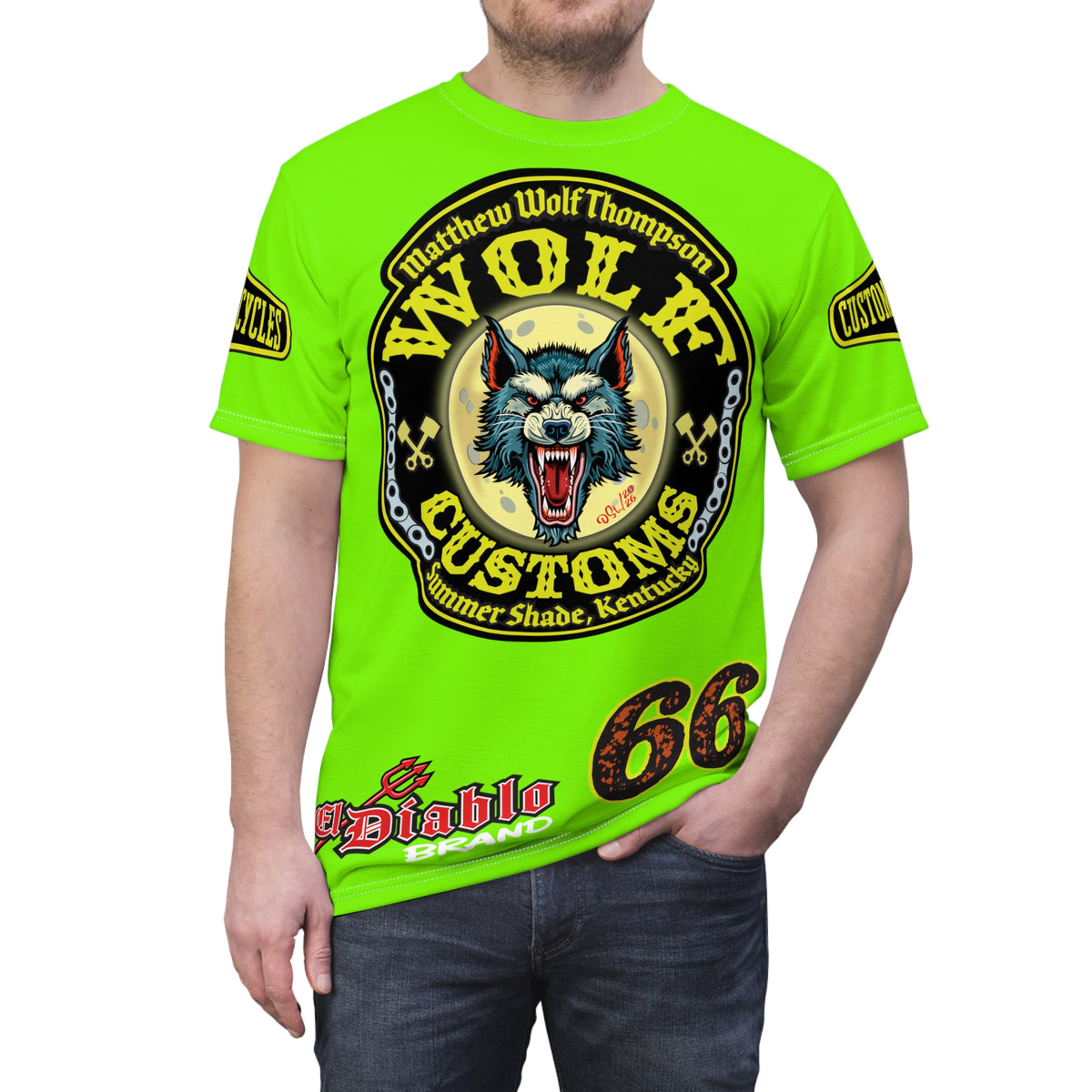 Very Special MWT Wolf Customs 66  Lumina HiViZ Super Riding Tee — Retro Motorcycle Club Shirt, The Best Biker Riding Tee EVER !!!