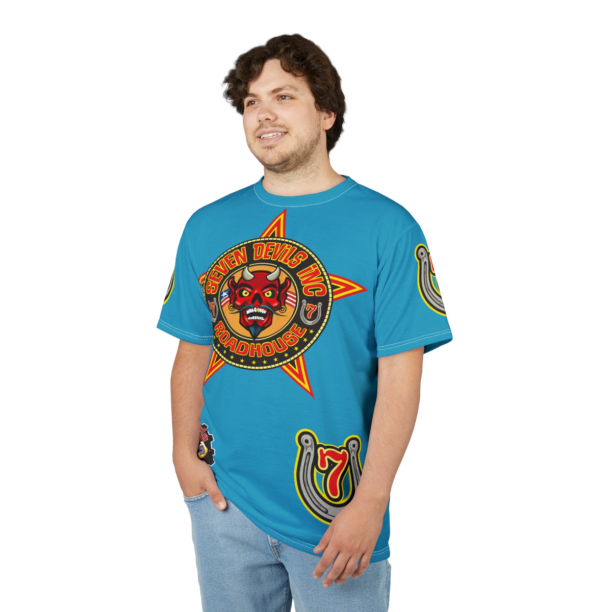 Seven Devils Inc. Roadhouse Electric Blue Hiviz  Design, Edgy Biker Shirt, Special Motorcycle Riding Gear, Seven Devils Inc.
