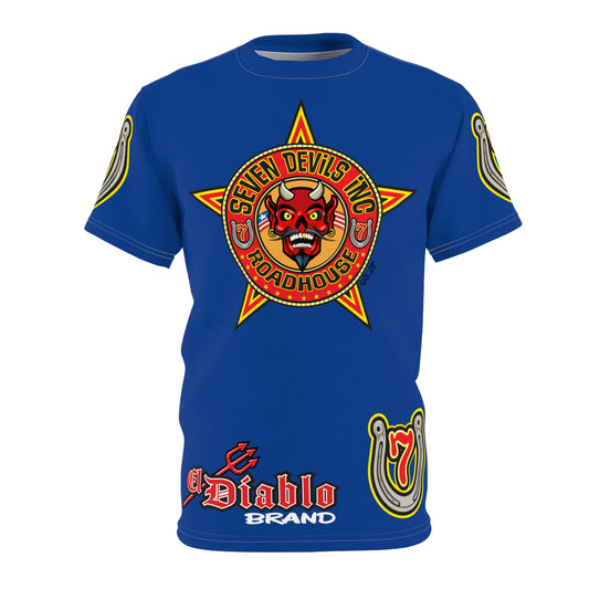 Seven Devils Inc. Roadhouse Electric Blue HiViz Design Super Tee, Edgy Biker Shirt, Special Motorcycle Riding Gear, Seven Devils Inc.