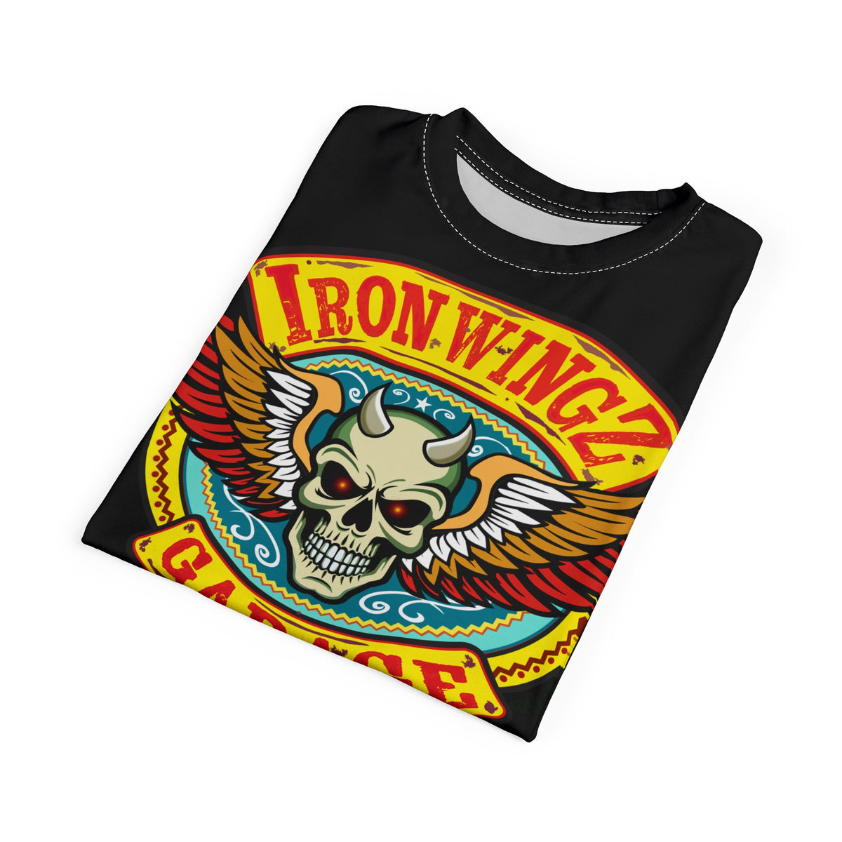 Iron Wingz Garage HiViz Tee, Vuntage Graphic Logo, Rockabilly Style Shirt for Bikers