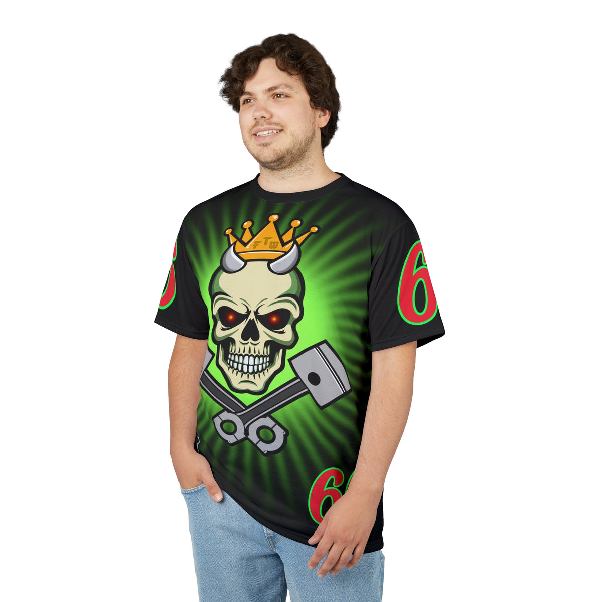 Speed Demon Night Rider with Lumina Green HiViZ Star Burst F& Back - Super Tee - Edgy Racing Skull Design