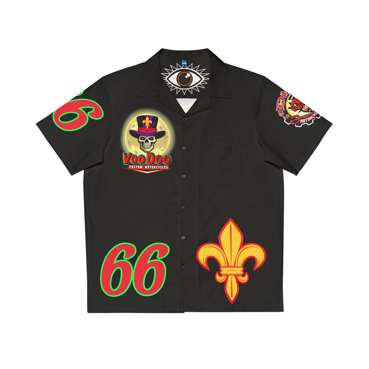 Big Bopper Voodoo Custom Motorcycles Hawaiian Shirt - Bold Skull & Fleur-de-lis Design - Outrageously Badass Design