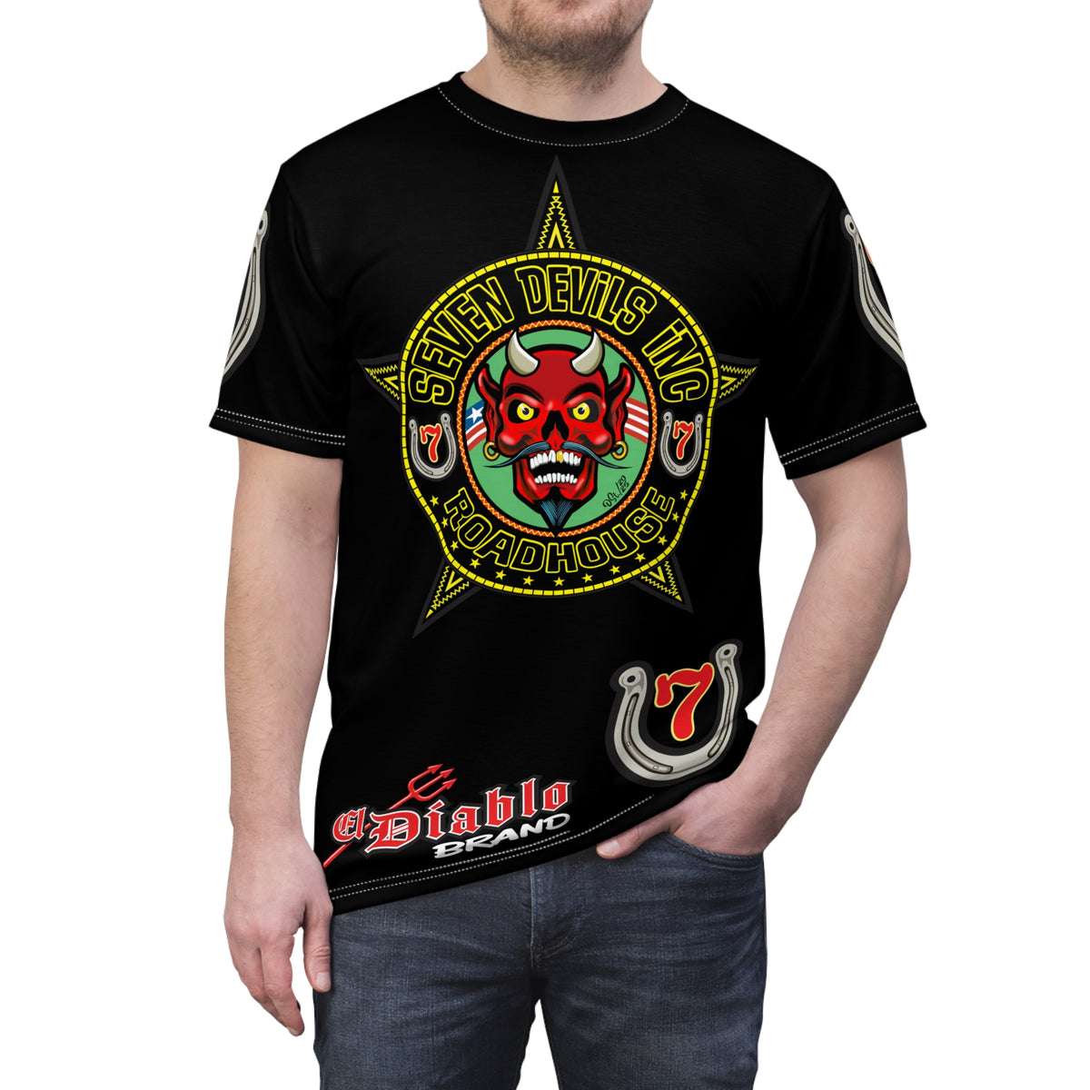 Seven Devils Road House (BLACK STAR LIMITED EDITION) Custom Super Riding Tee - Retro Devil Style Graphic Style