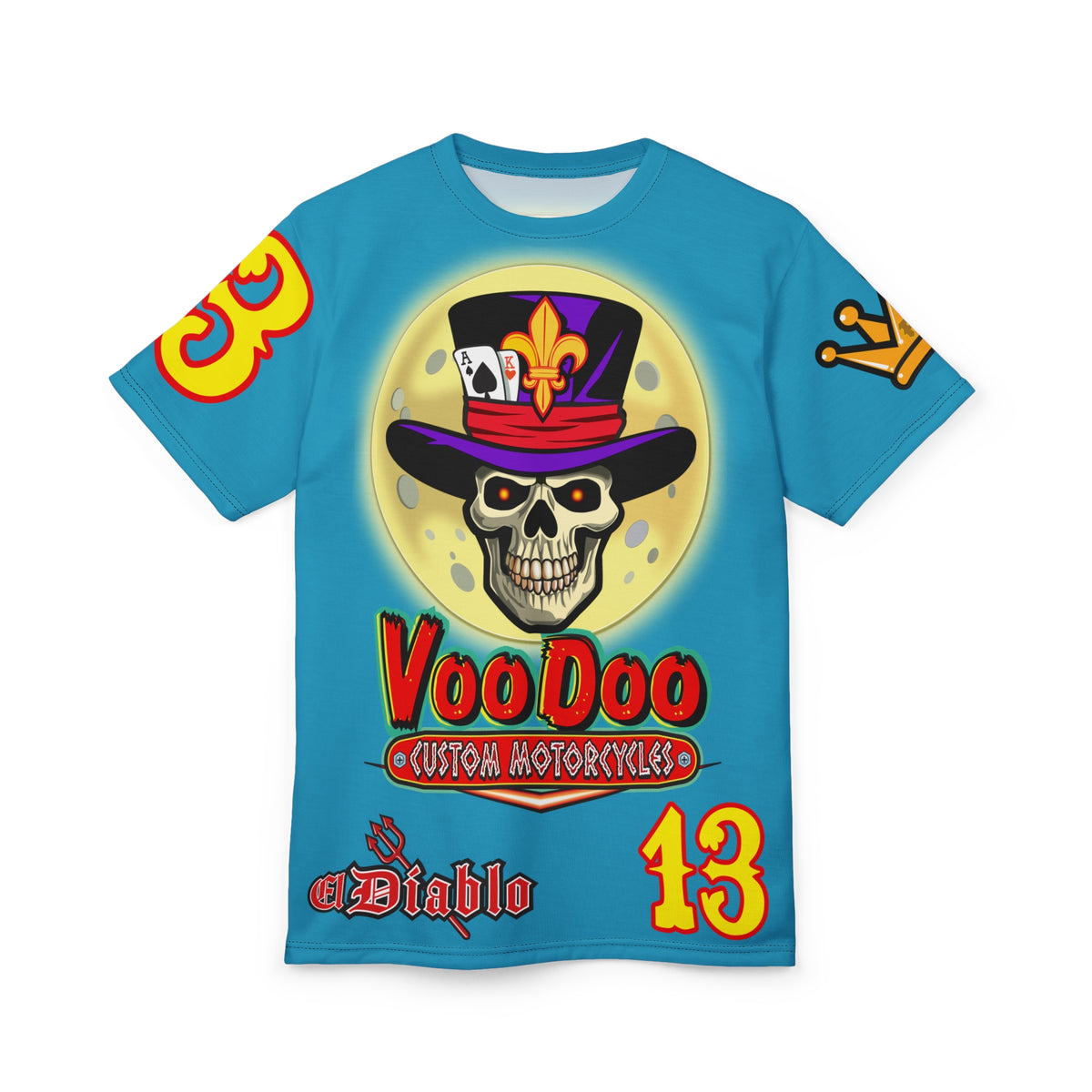 VooDoo Custom Motorcycles Electric Blue HiViz Unisex Graphic Biker Tee